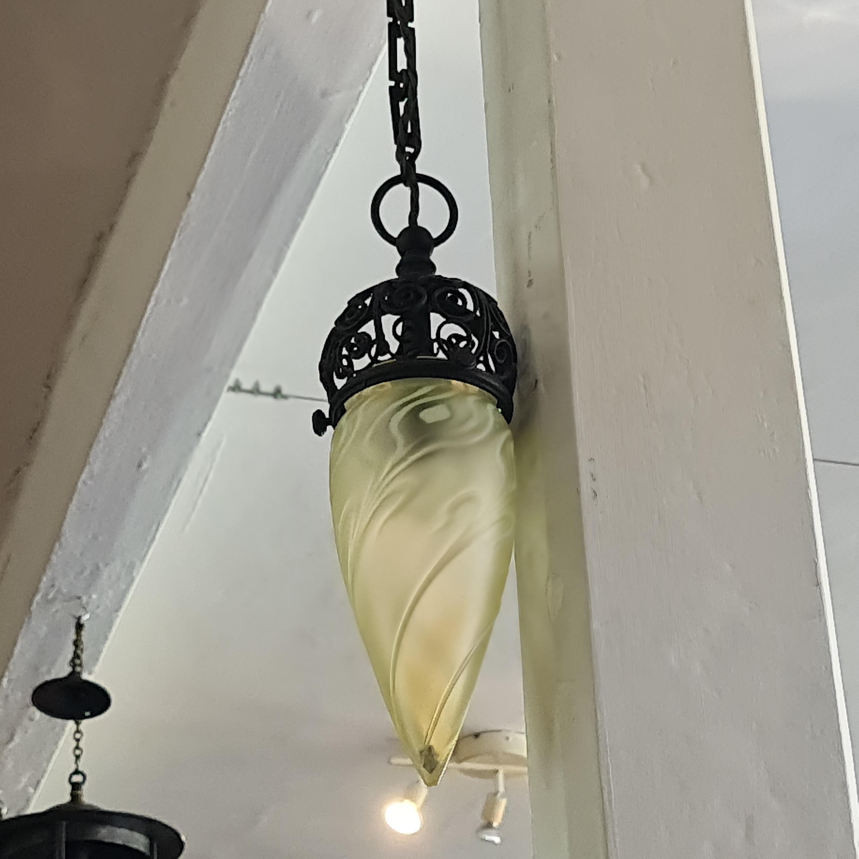 Arts & Crafts  pendant light fitting with vaseline glass shade In Good Condition For Sale In Tunbridge Wells, GB