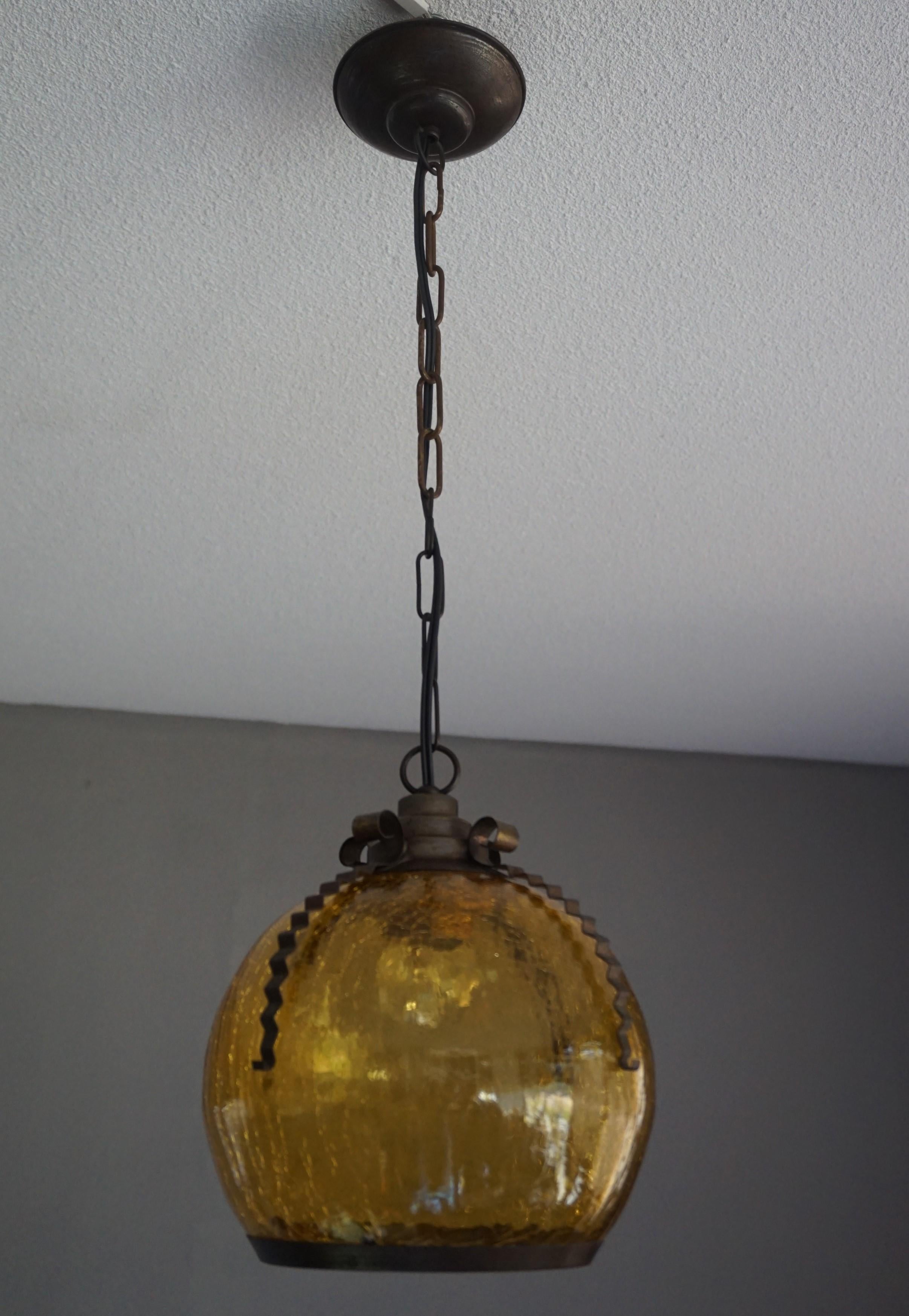 Arts & Crafts Pendant with Handcrafted Brass Frame & Amber Color Craquelé Glass For Sale 5