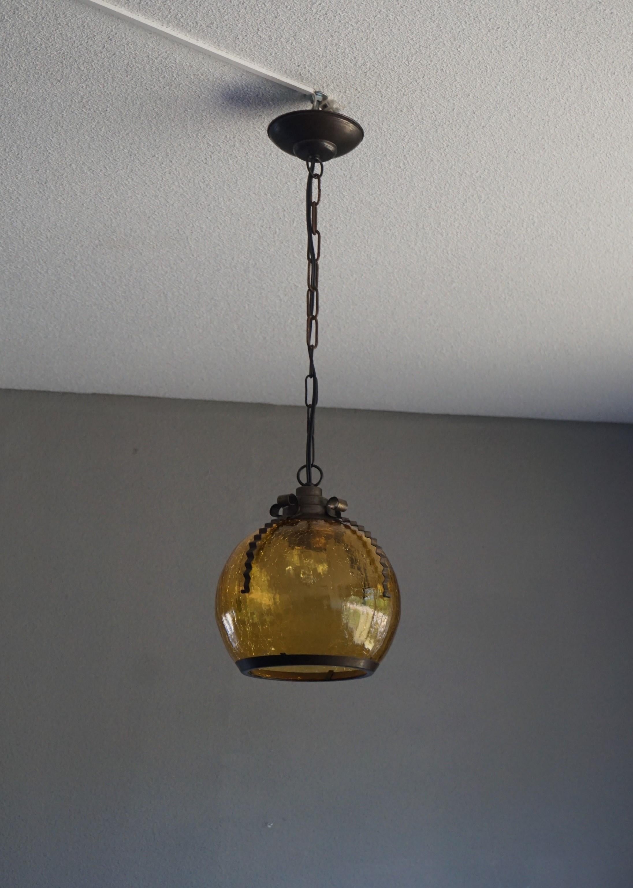 Arts & Crafts Pendant with Handcrafted Brass Frame & Amber Color Craquelé Glass For Sale 8