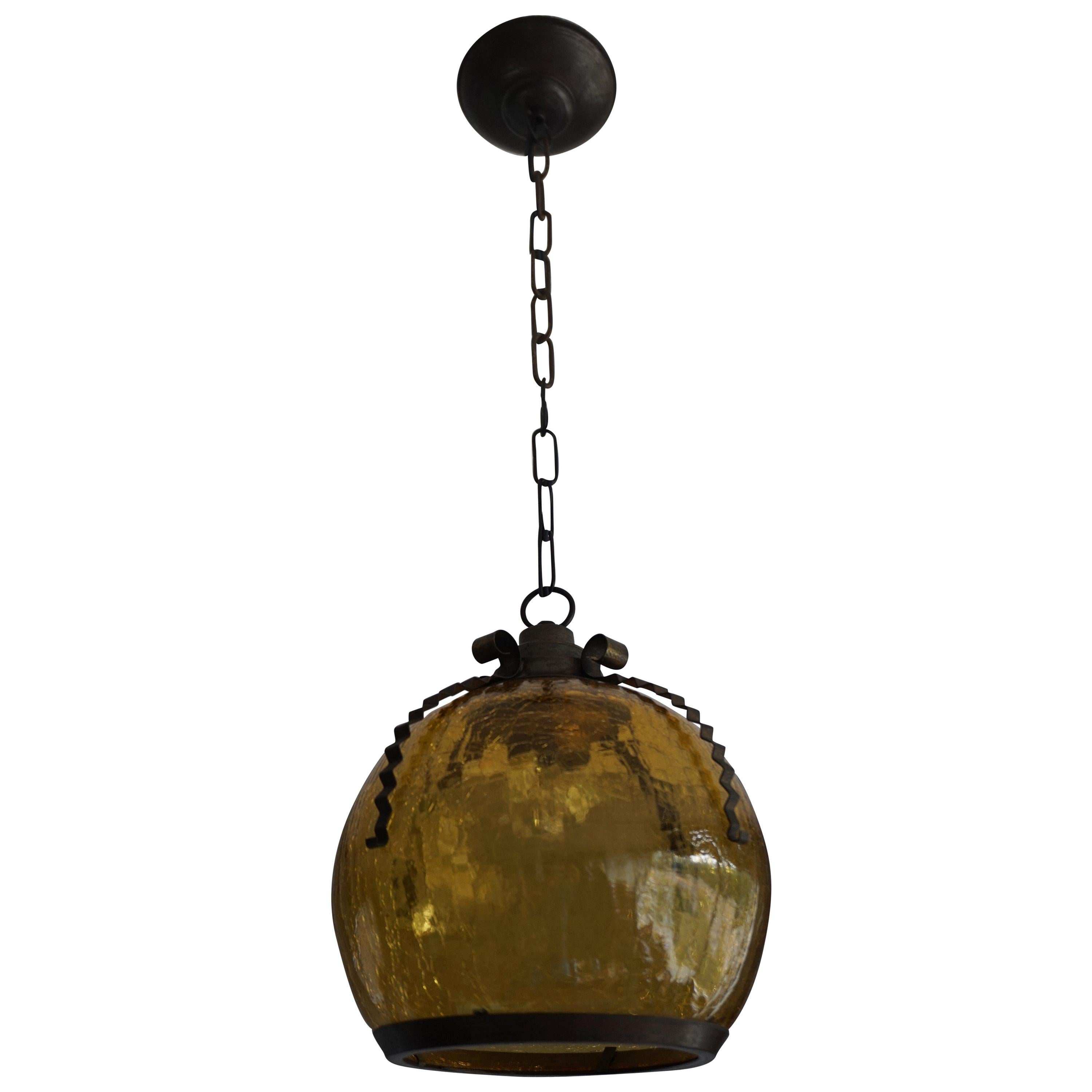 Arts & Crafts Pendant with Handcrafted Brass Frame & Amber Color Craquelé Glass