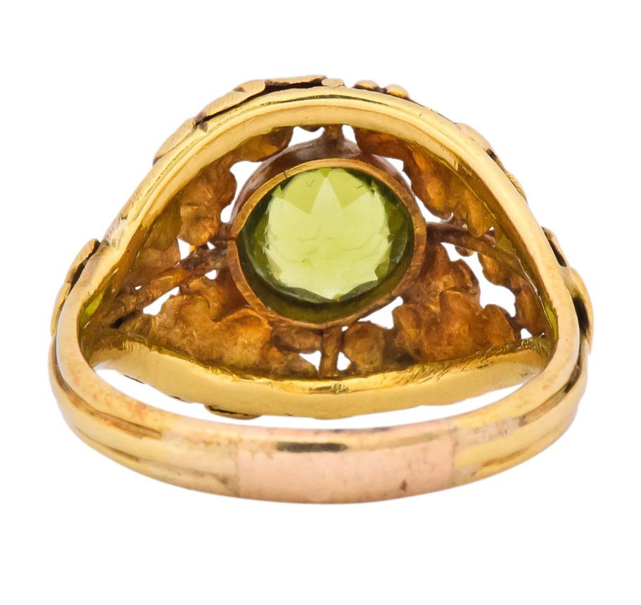 Round Cut Arts & Crafts Peridot 18 Karat Gold Floral Foliate Ring