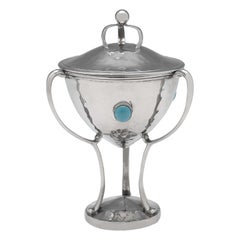 Arts & Crafts Period Antique Turquoise & Sterling Silver Cup & Cover London 1909