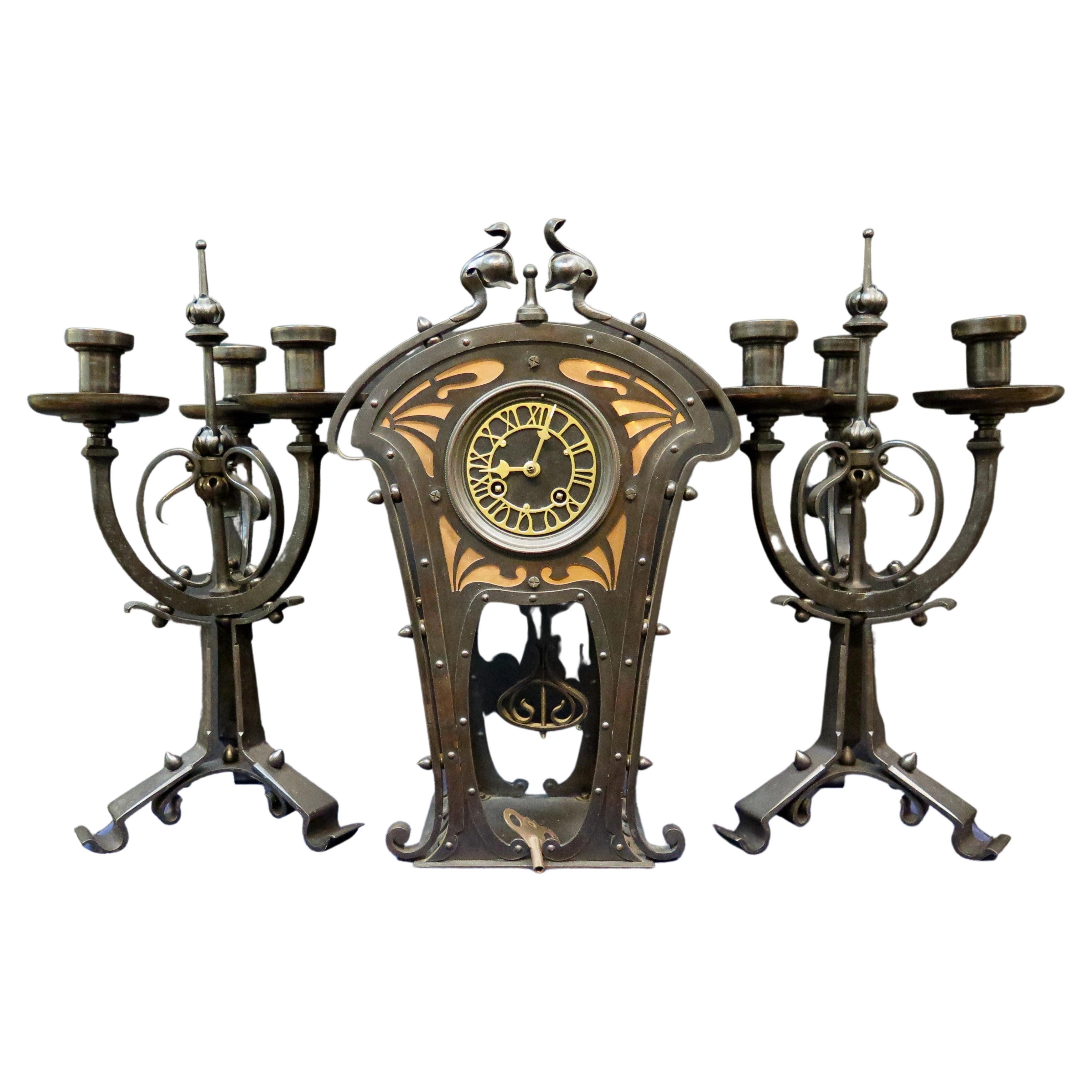 Arts & Crafts Period Clock Set For Sale