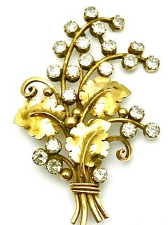 Arts & Crafts Period Edward Oaks Diamond Floral Spray Gold Brooch
