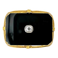 Arts & Crafts Period Large Scale 14k Gold Onyx and Diamond Pendant / Brooch