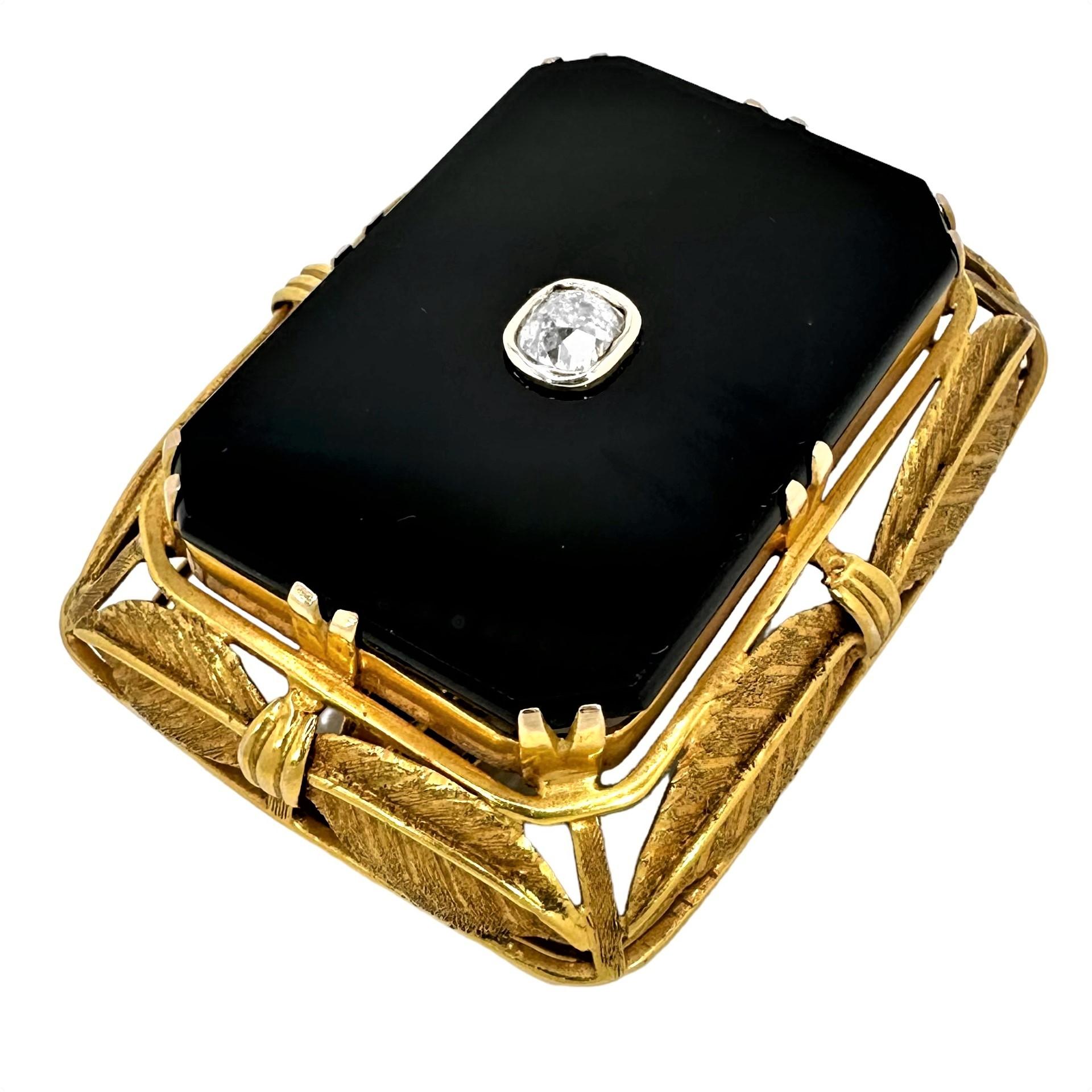 Arts & Crafts Period Large Scale 14k Gold Onyx and Diamond Pendant / Brooch In Good Condition For Sale In Palm Beach, FL