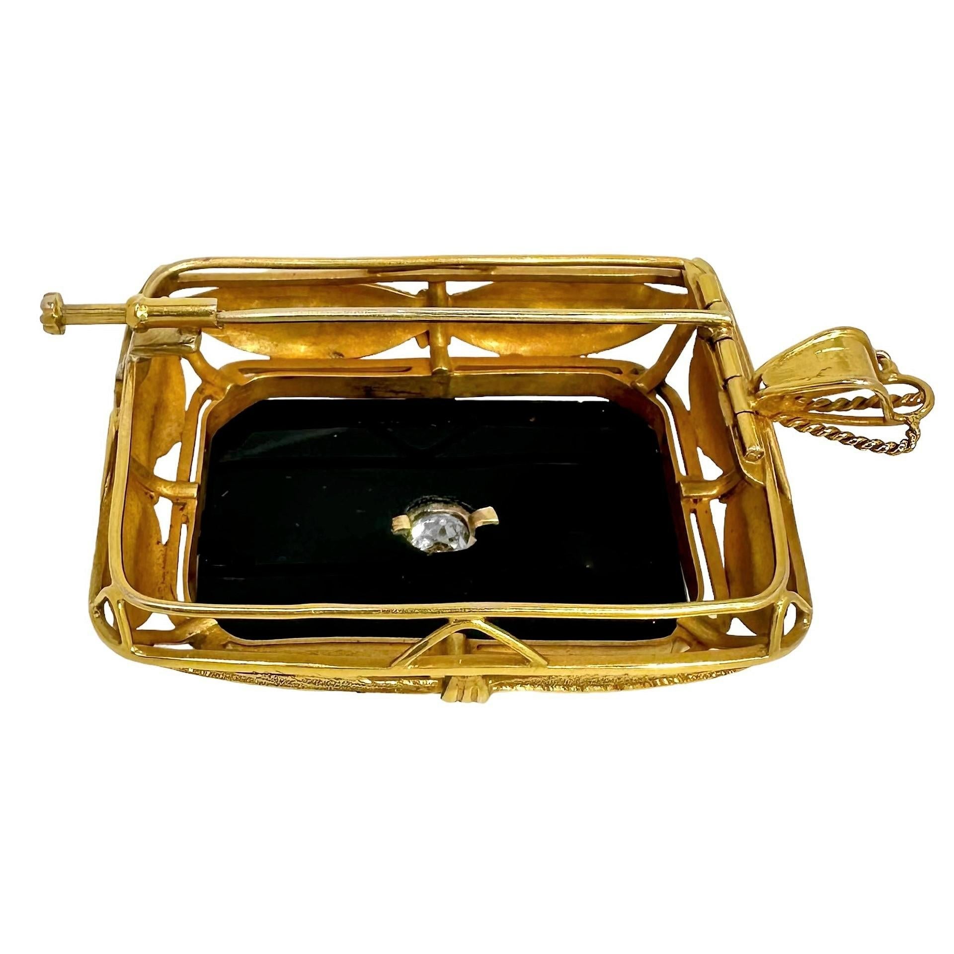 Women's or Men's Arts & Crafts Period Large Scale 14k Gold Onyx and Diamond Pendant / Brooch For Sale