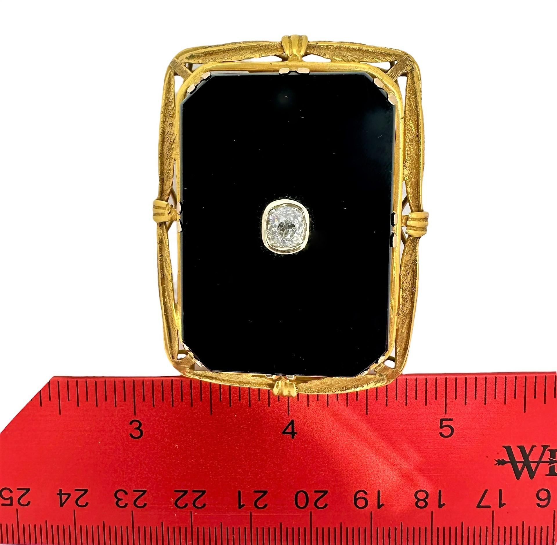 Arts & Crafts Period Large Scale 14k Gold Onyx and Diamond Pendant / Brooch For Sale 2