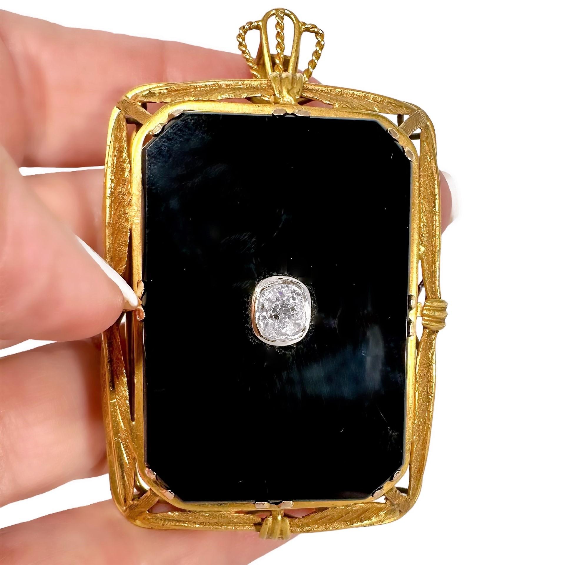 Arts & Crafts Period Large Scale 14k Gold Onyx and Diamond Pendant / Brooch For Sale 3