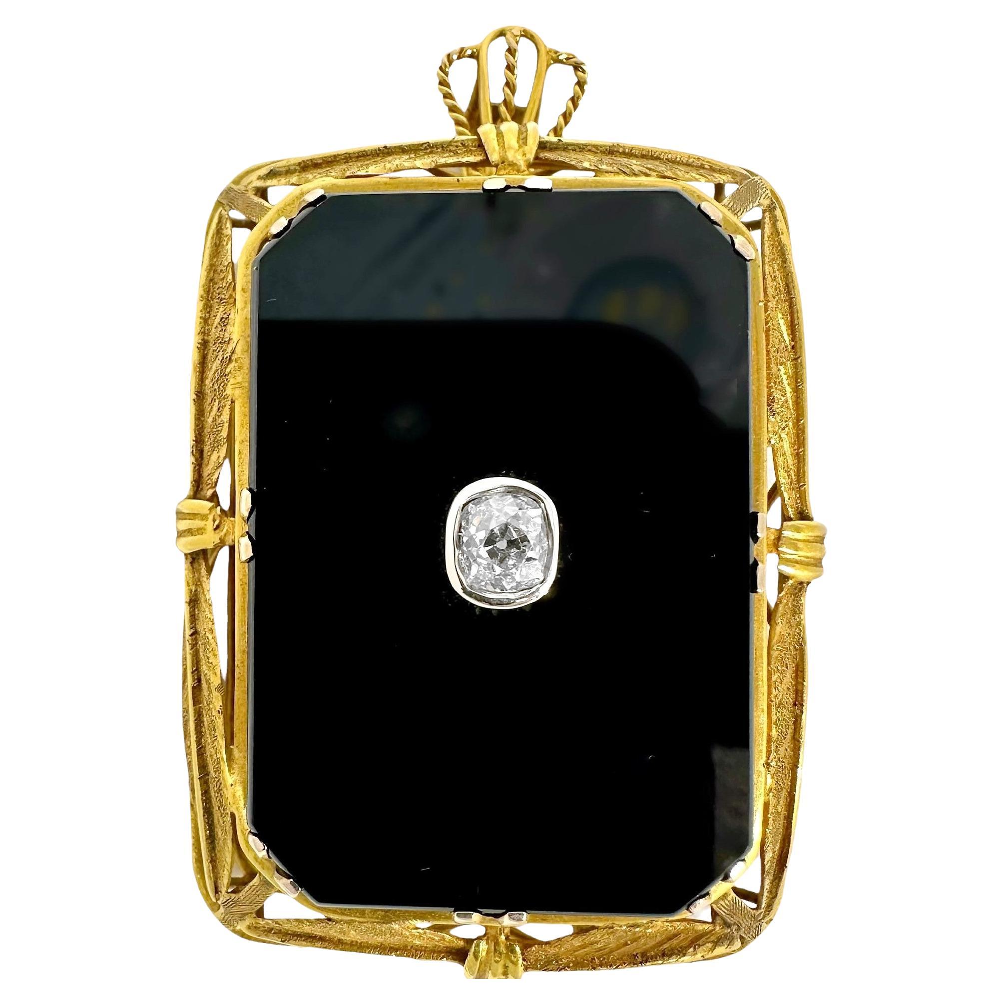 Arts & Crafts Period Large Scale 14k Gold Onyx and Diamond Pendant / Brooch For Sale