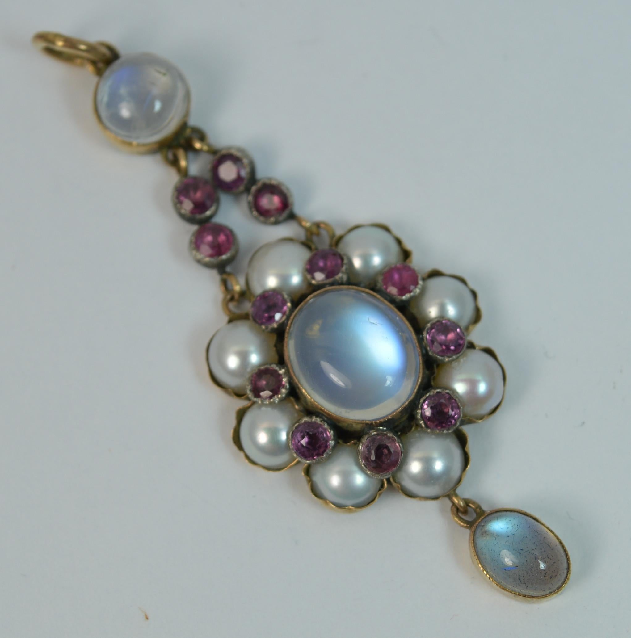 Arts & Crafts Period Moonstone Ruby and Pearl 9 Carat Gold Pendant In Excellent Condition In St Helens, GB