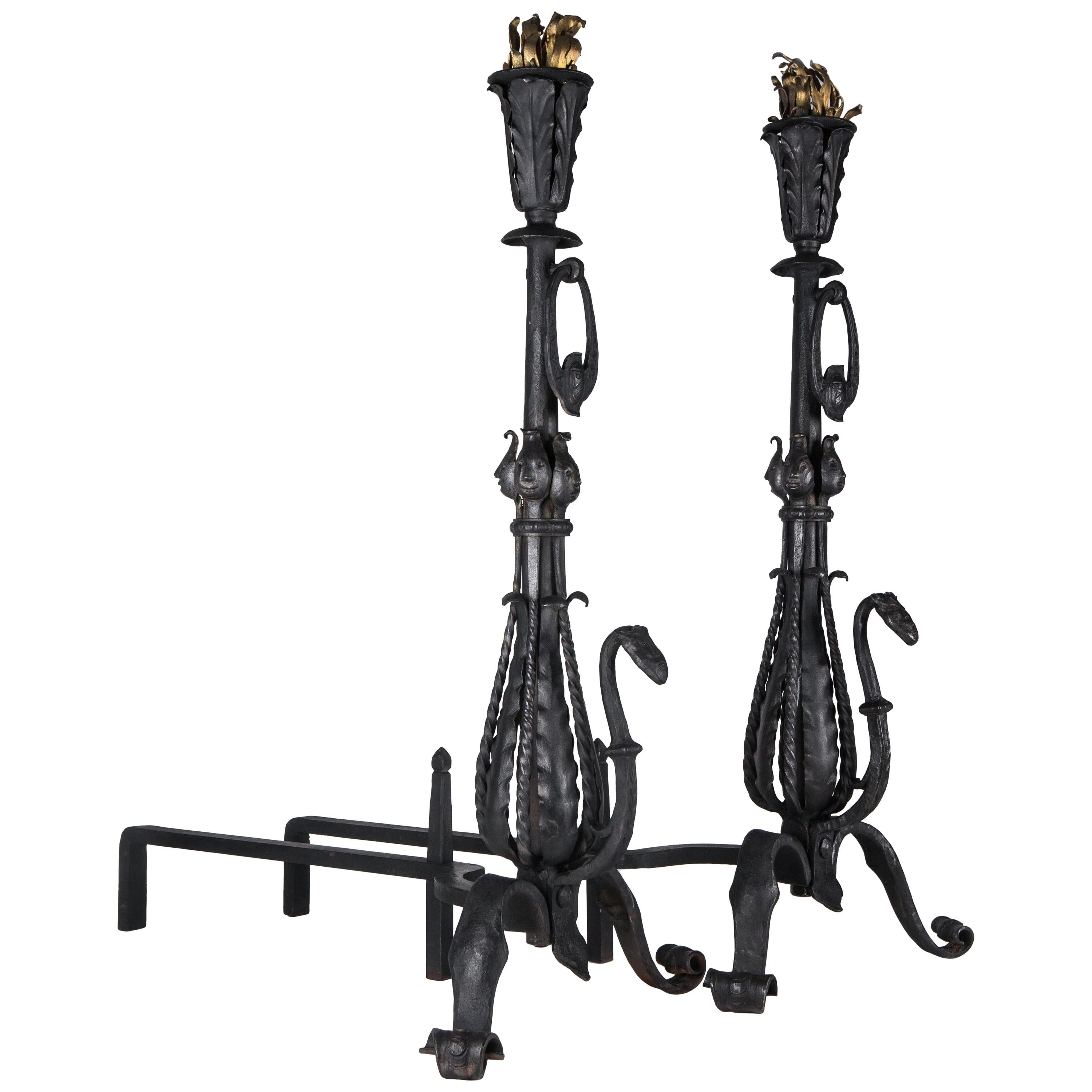 Arts & Crafts Period Torch Topped Forged Fireplace Andirons, circa 1920