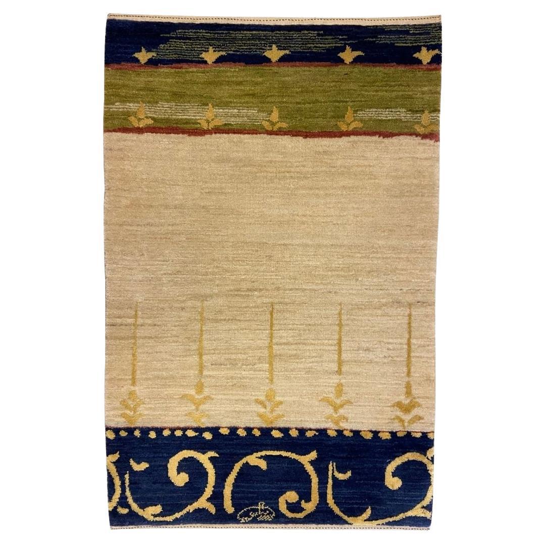 Arts & Crafts Persian Wool Rug in Cream with Blue, Green & Gold Accents, 2' x 3'