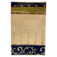 Arts & Crafts Persian Wool Rug in Cream with Blue, Green & Gold Accents, 2' x 3'