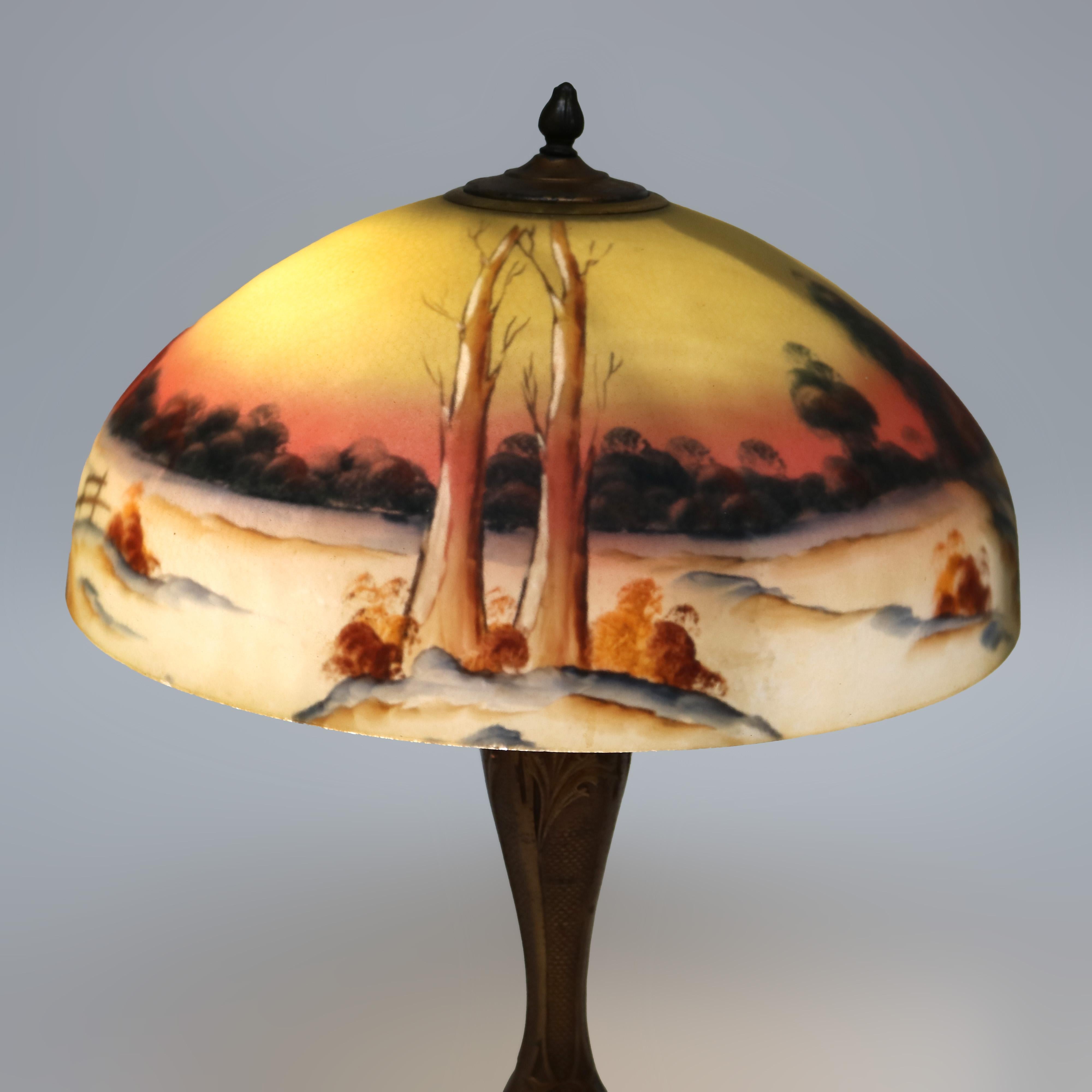 Arts & Crafts Phoenix School Reverse Painted Textured Glass Farm Scene Lamp For Sale 4