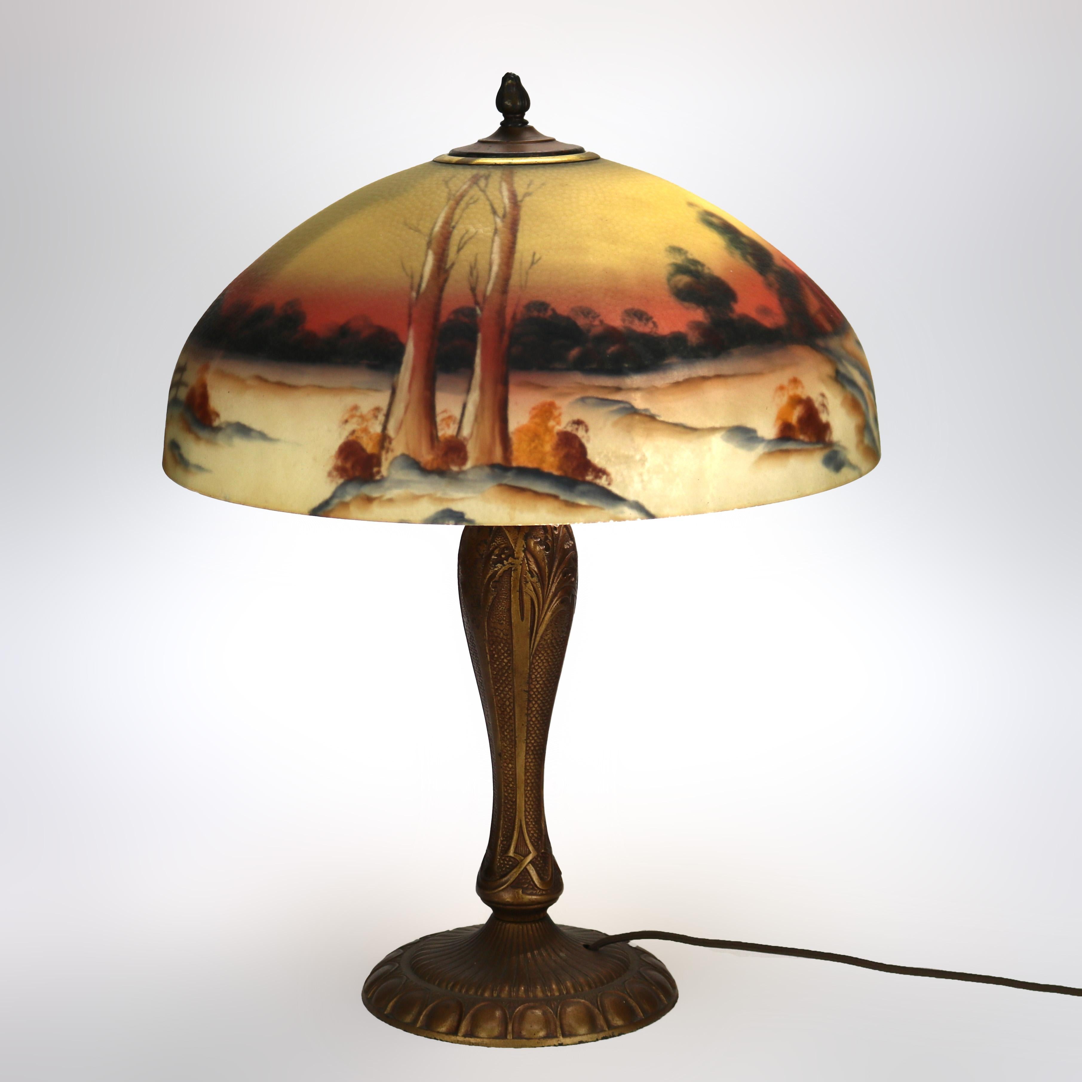 Antique Arts & Crafts Reverse Painted Textured Glass Farm Scene Lamp in the Manner of Phoenix, Double Socket, c1920

Measures - 21 3/4
