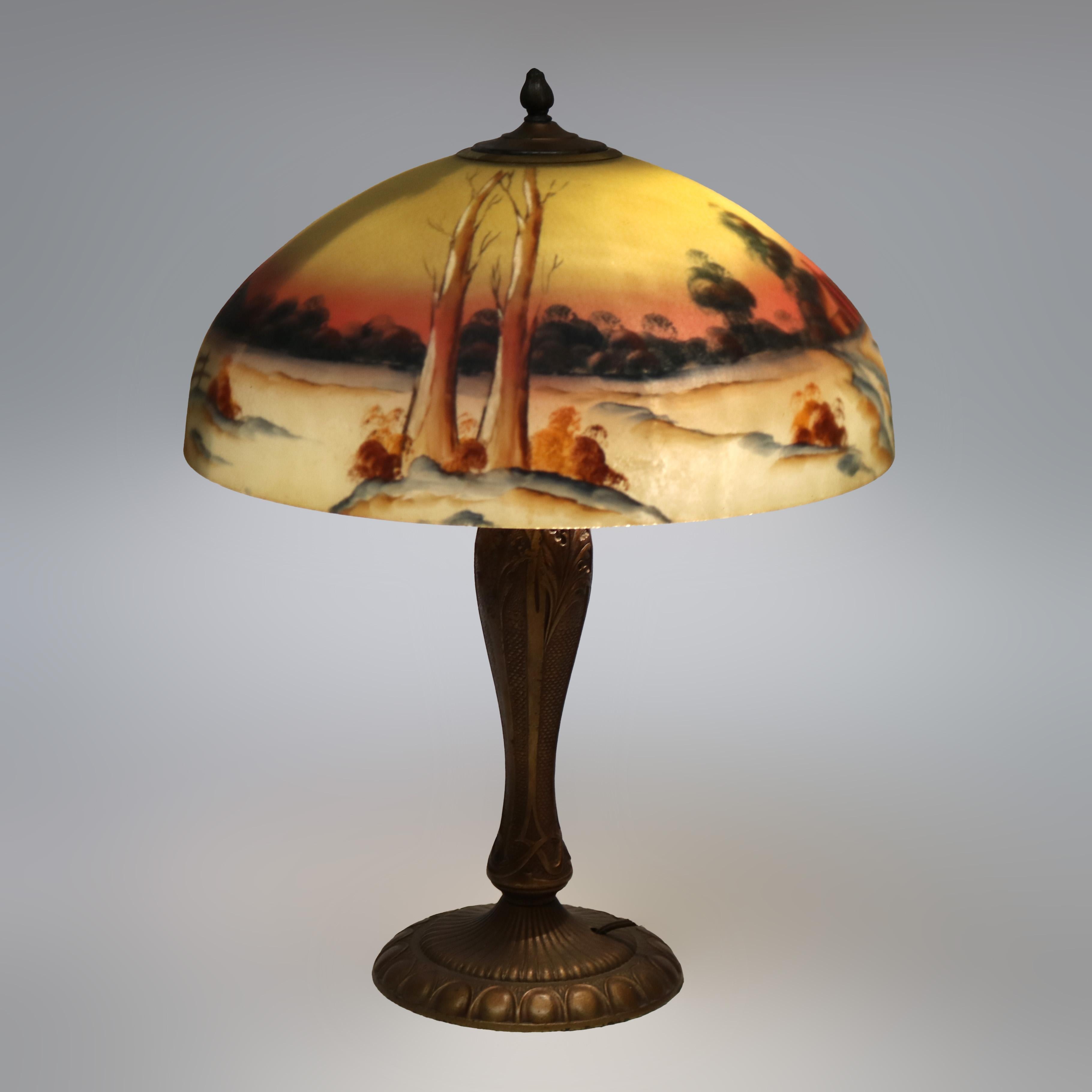 Arts and Crafts Arts & Crafts Phoenix School Reverse Painted Textured Glass Farm Scene Lamp For Sale
