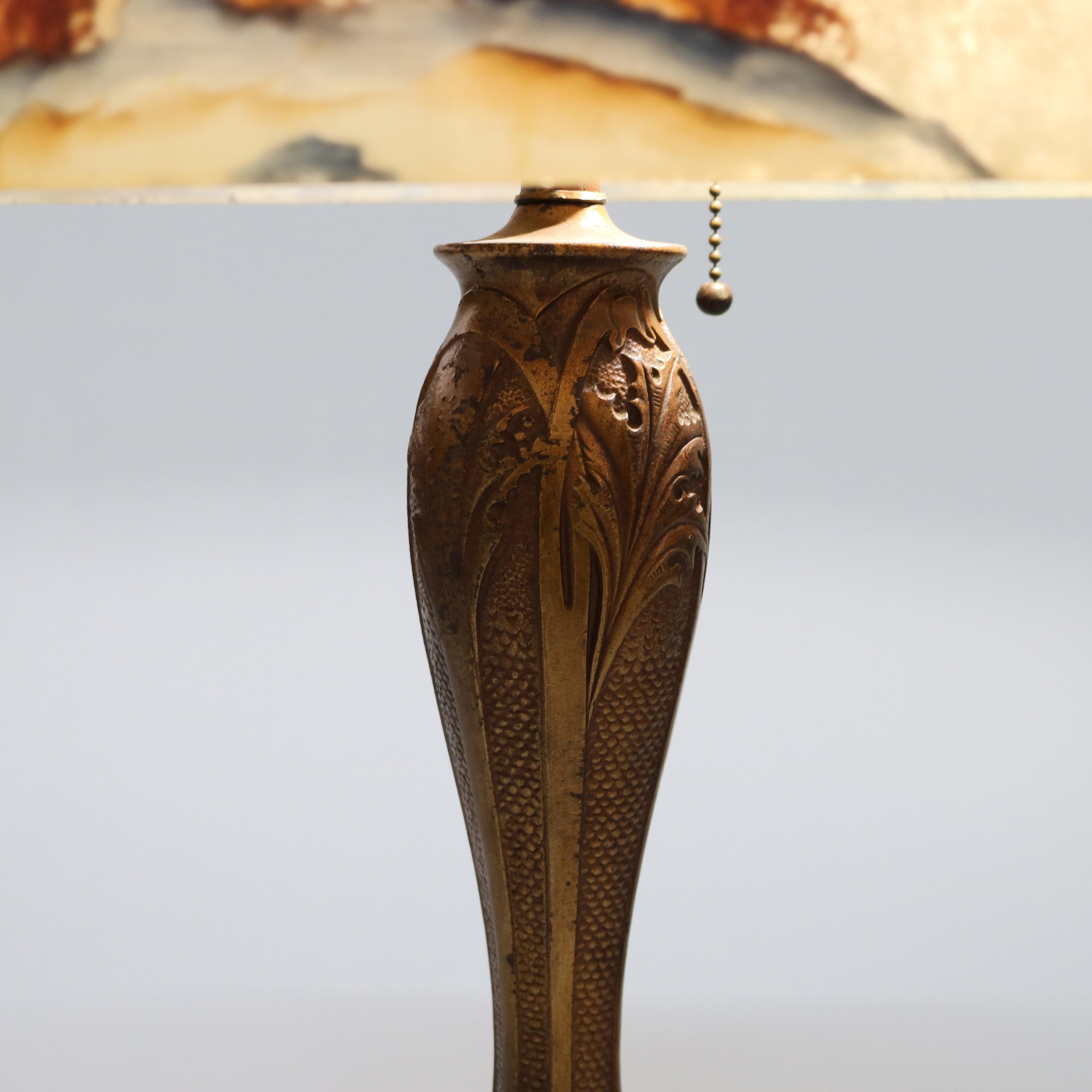 Arts & Crafts Phoenix School Reverse Painted Textured Glass Farm Scene Lamp In Good Condition For Sale In Big Flats, NY