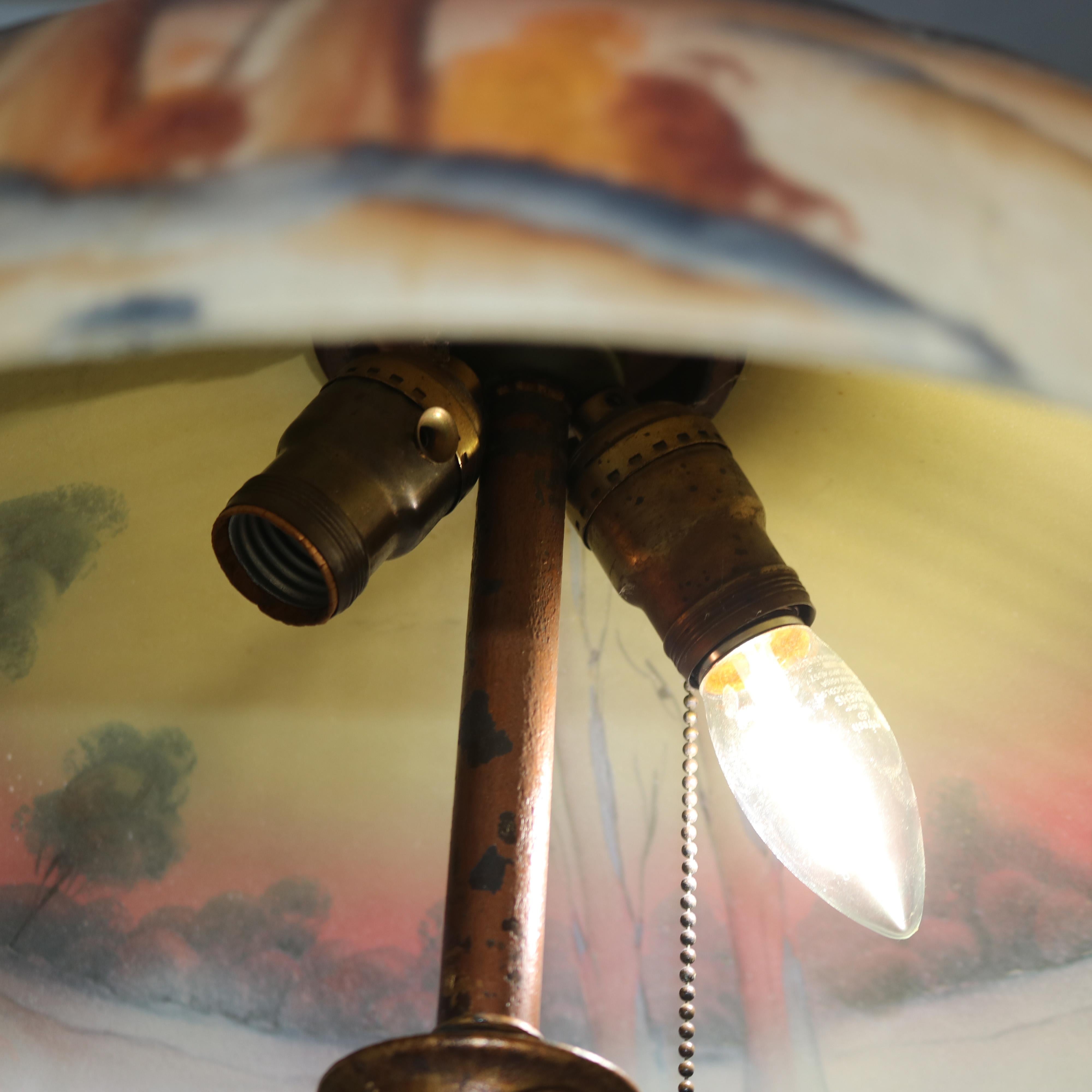 20th Century Arts & Crafts Phoenix School Reverse Painted Textured Glass Farm Scene Lamp For Sale