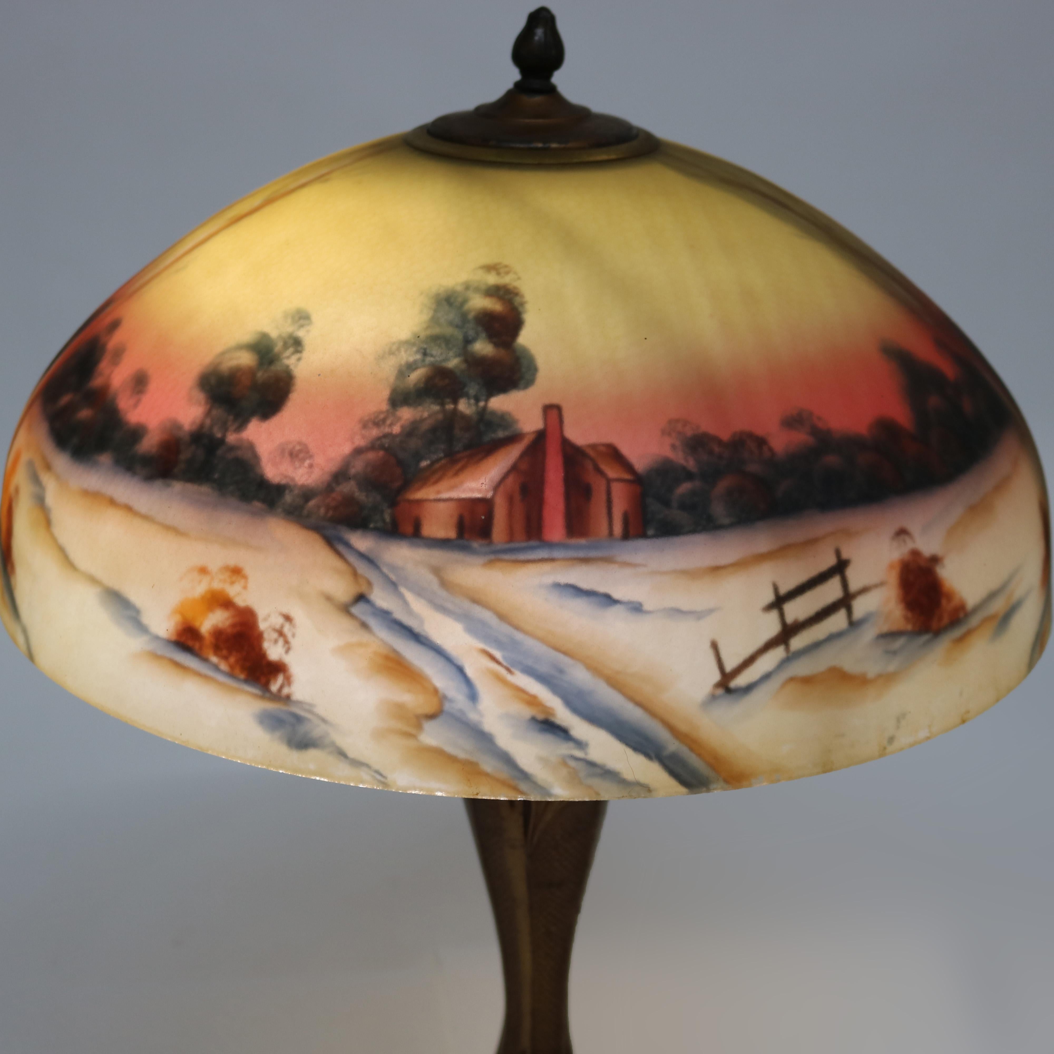 Arts & Crafts Phoenix School Reverse Painted Textured Glass Farm Scene Lamp For Sale 1