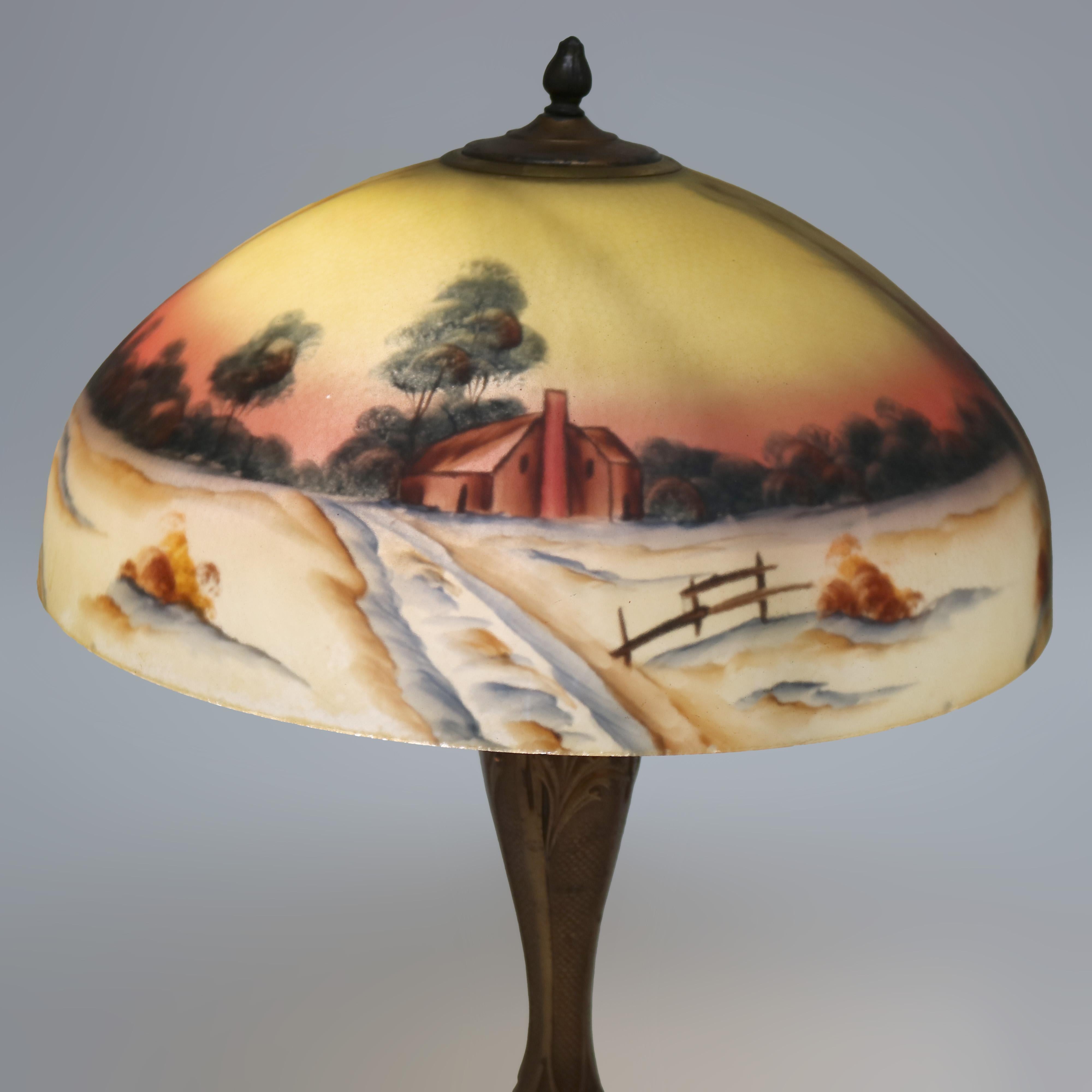 Arts & Crafts Phoenix School Reverse Painted Textured Glass Farm Scene Lamp For Sale 3