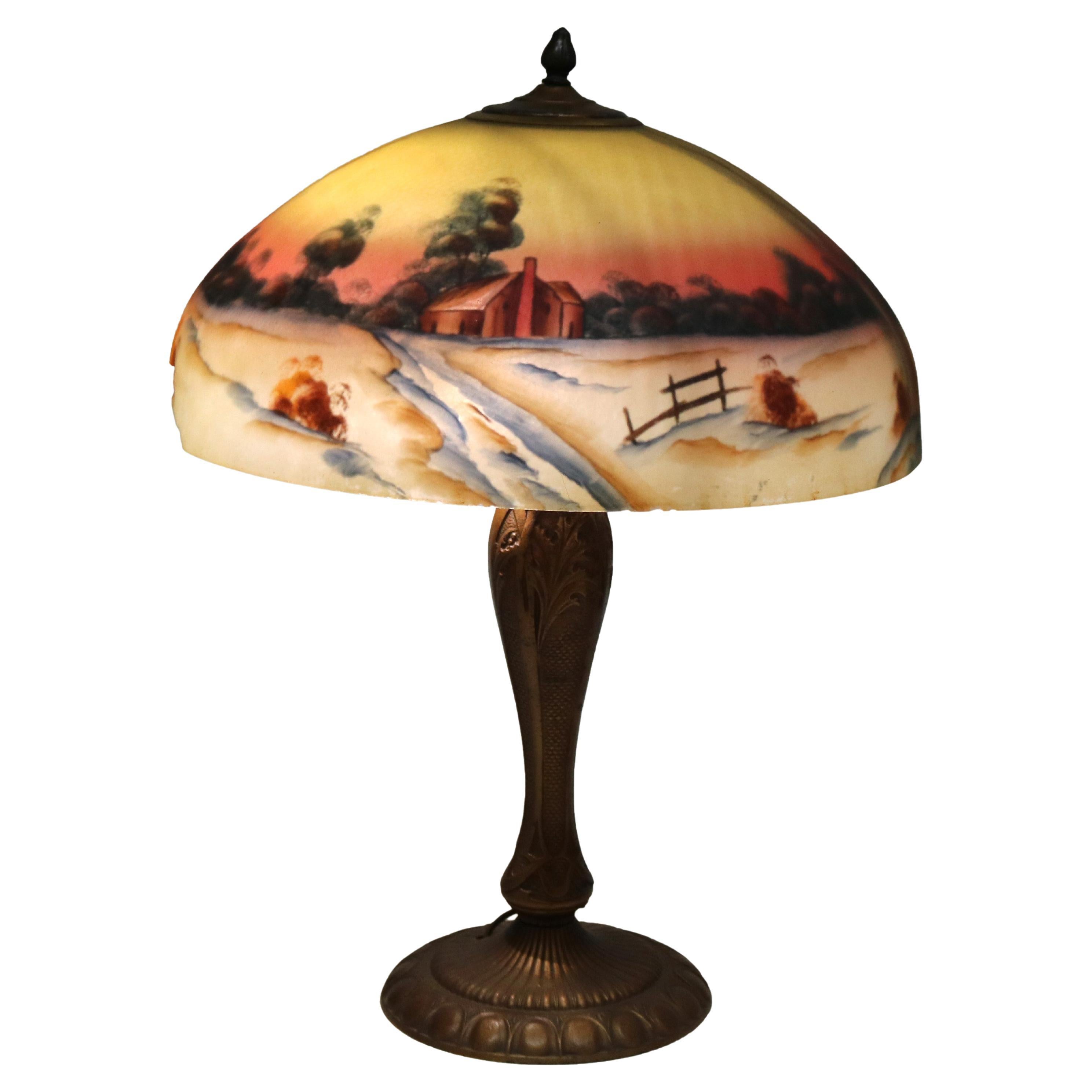 Lampada con scena di fattoria in vetro dipinto al contrario di Arts & Crafts Phoenix School