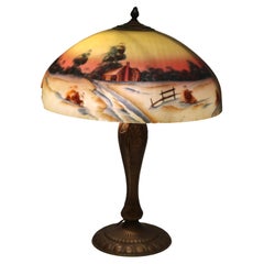 Antique Arts & Crafts Phoenix School Reverse Painted Textured Glass Farm Scene Lamp