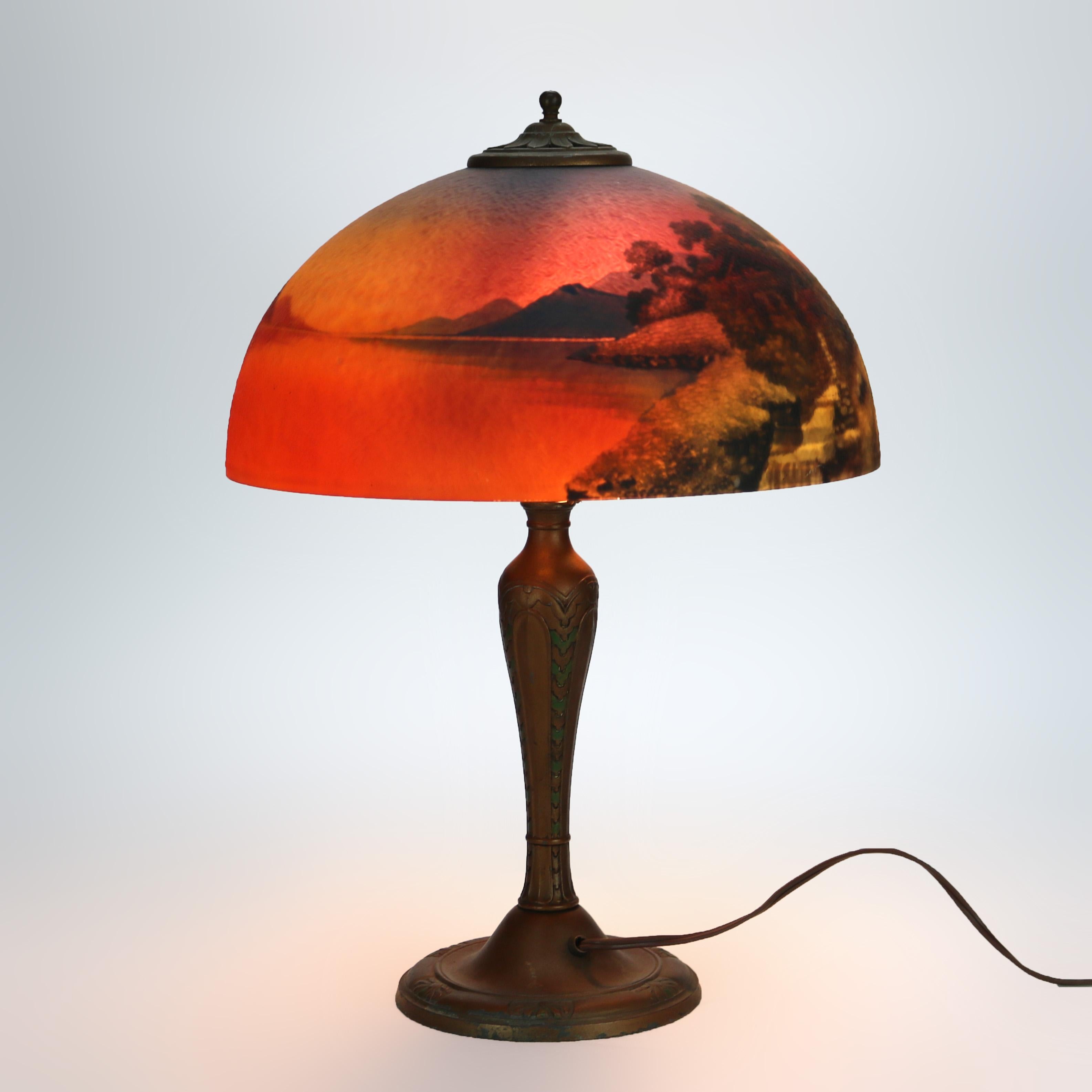 Arts & Crafts Phoenix School Reverse Painted Textured Glass Landscape Scene Lamp 6