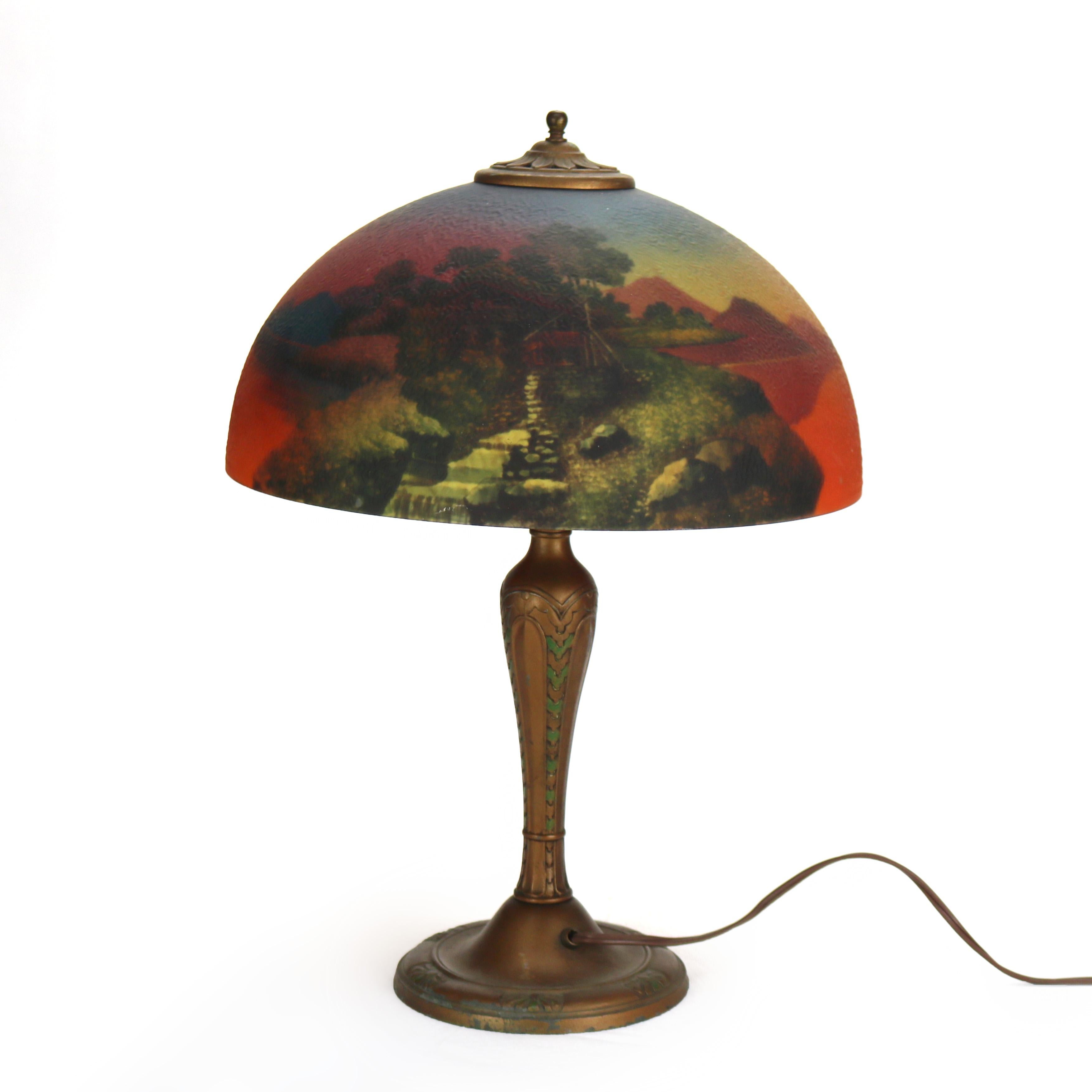 Arts & Crafts Phoenix School Reverse Painted Textured Glass Landscape Scene Lamp 7