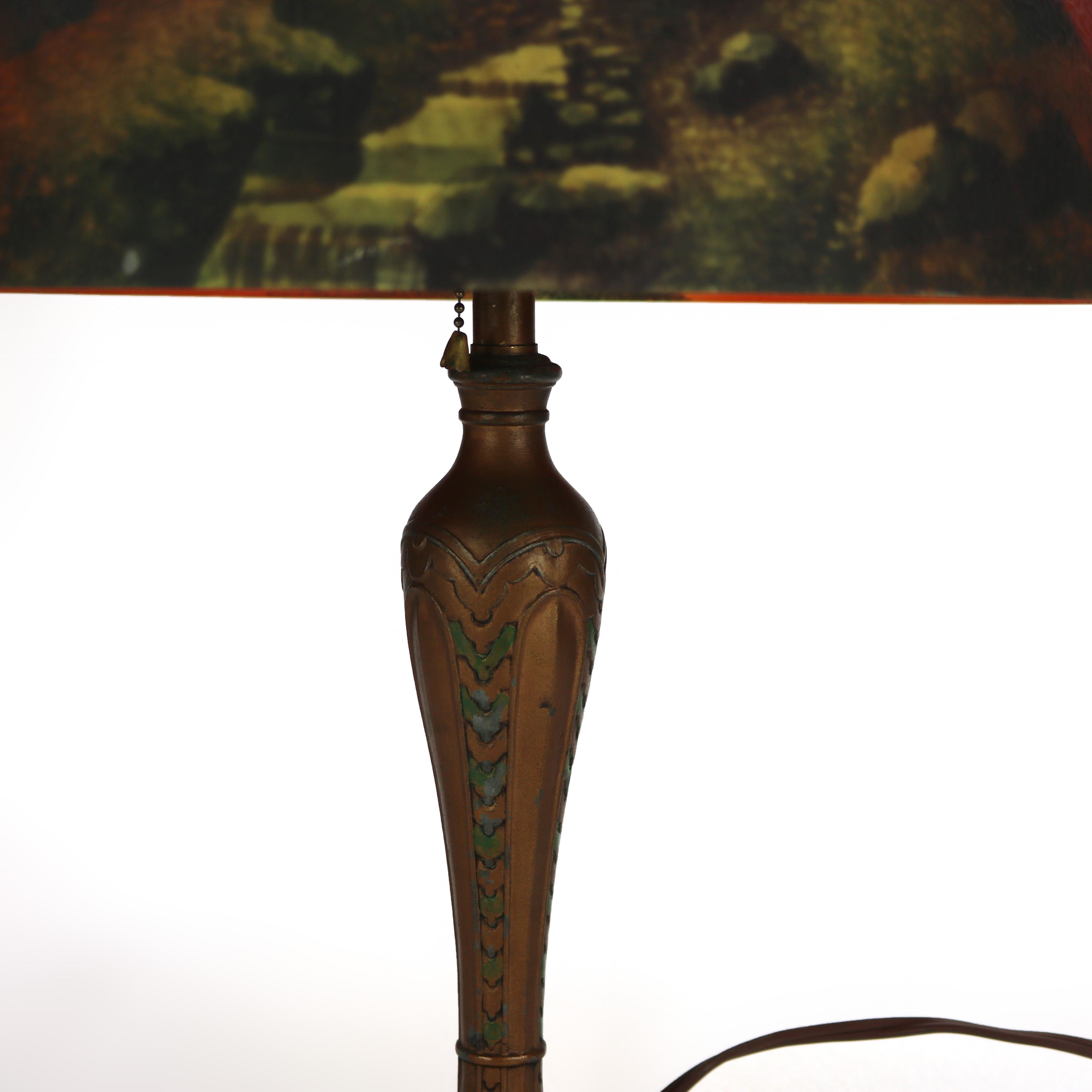 American Arts & Crafts Phoenix School Reverse Painted Textured Glass Landscape Scene Lamp