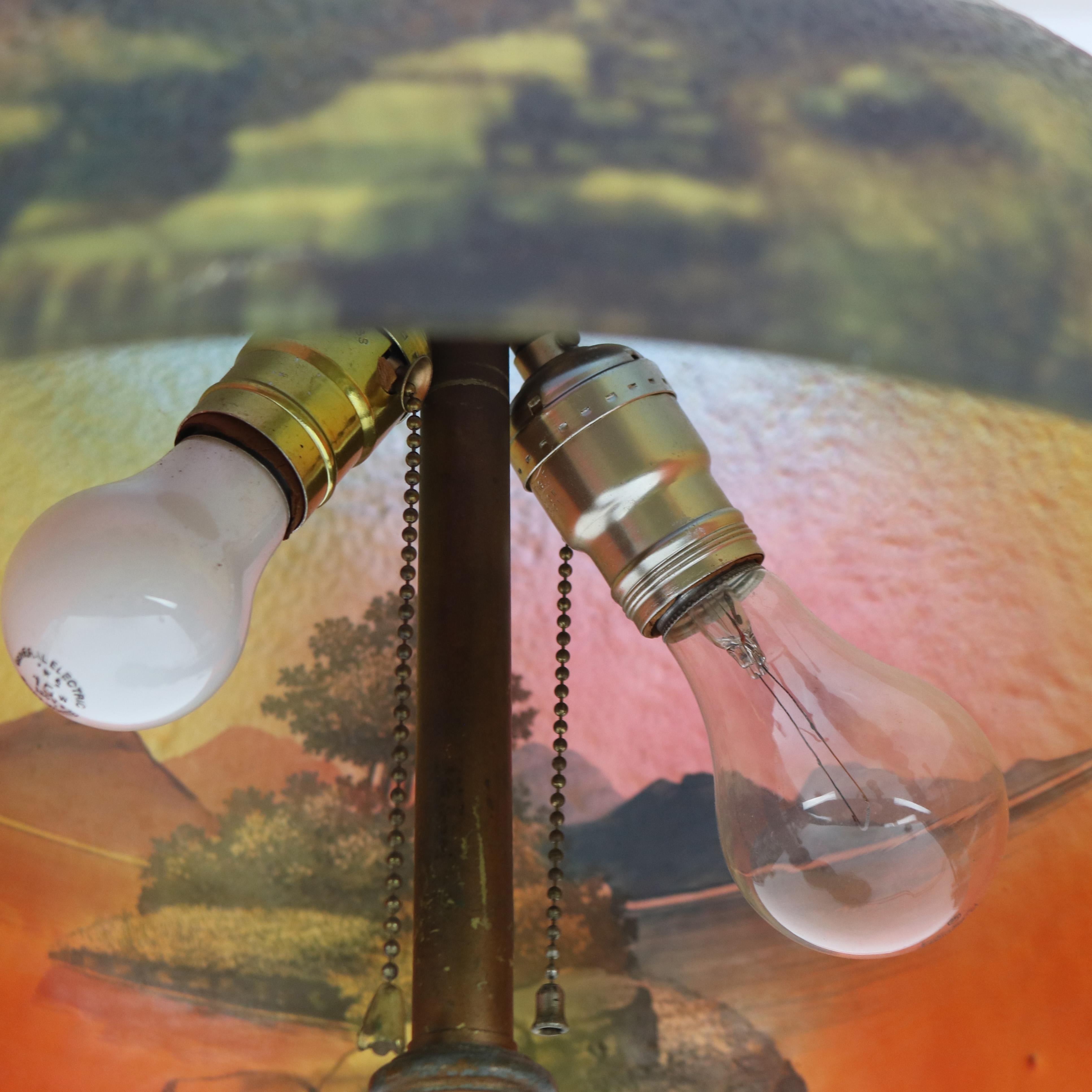 Arts & Crafts Phoenix School Reverse Painted Textured Glass Landscape Scene Lamp In Good Condition In Big Flats, NY
