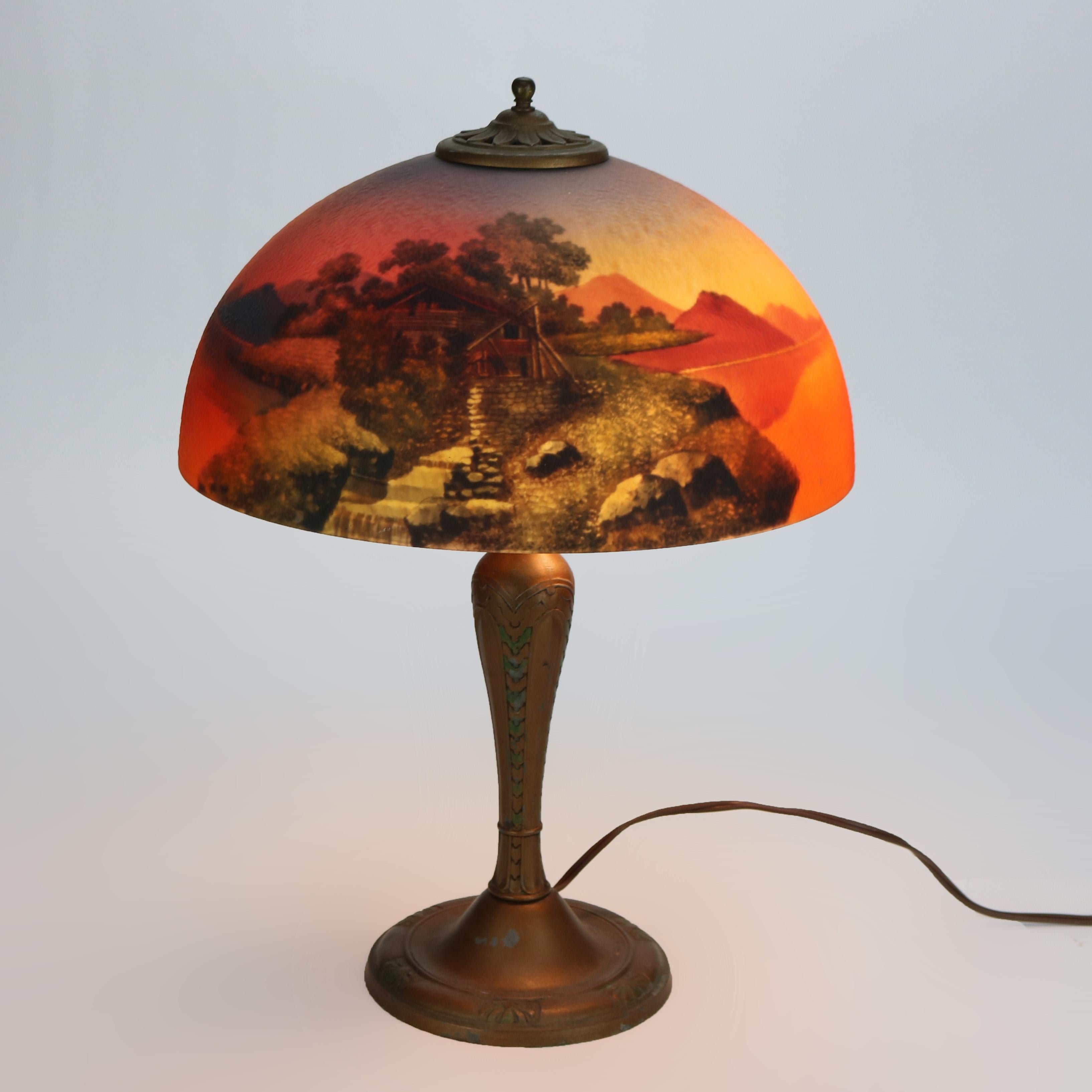 20th Century Arts & Crafts Phoenix School Reverse Painted Textured Glass Landscape Scene Lamp