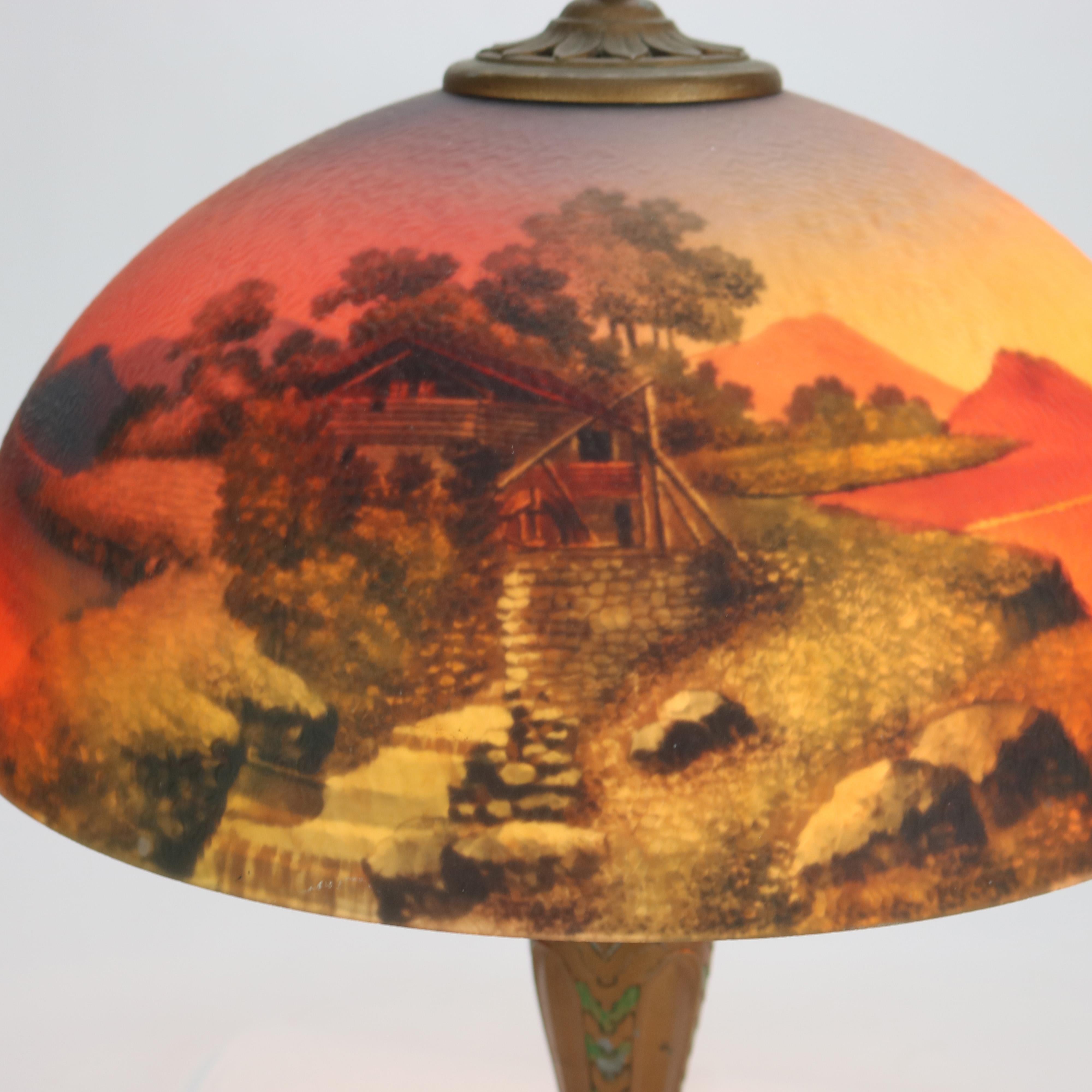 Arts & Crafts Phoenix School Reverse Painted Textured Glass Landscape Scene Lamp 1