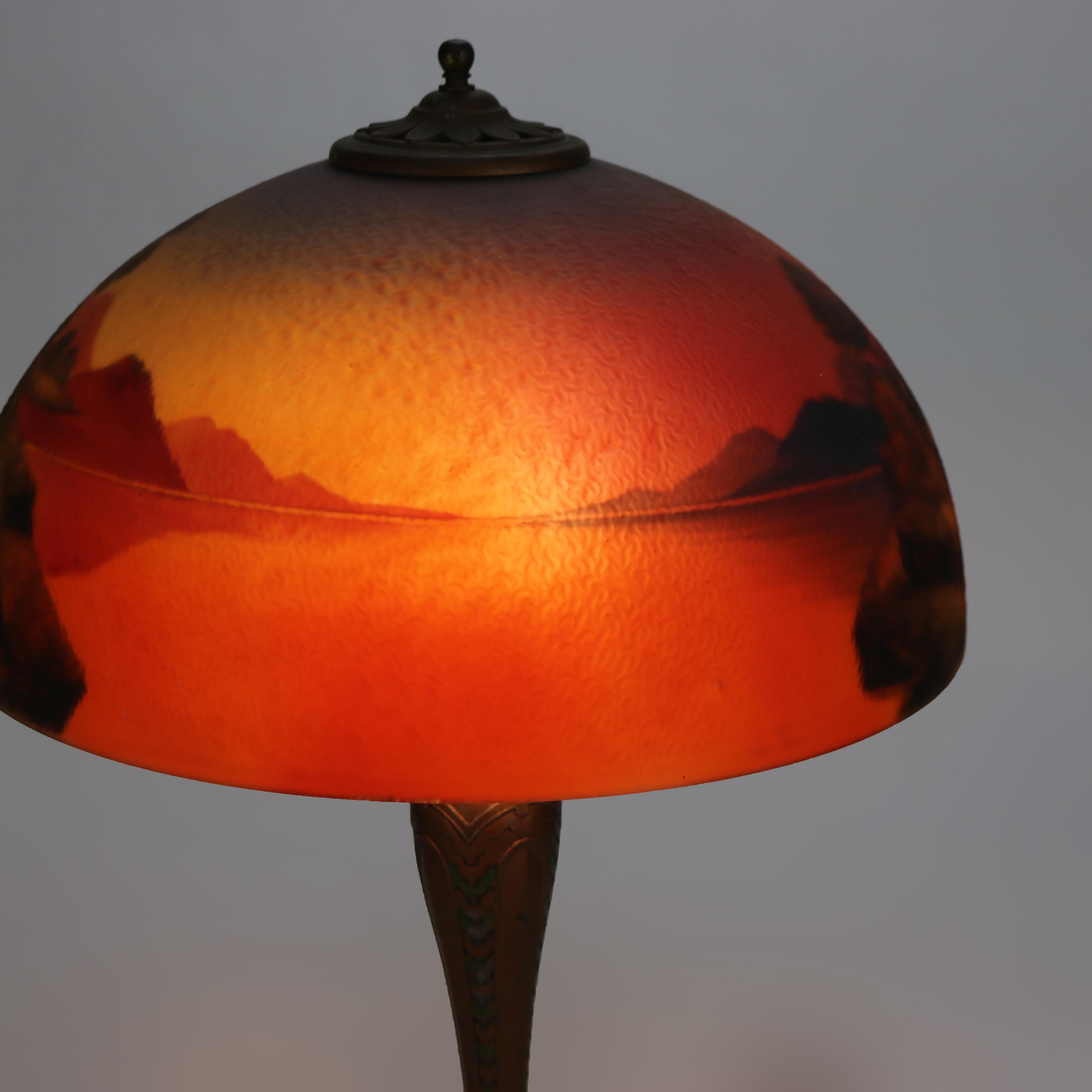 Arts & Crafts Phoenix School Reverse Painted Textured Glass Landscape Scene Lamp 2