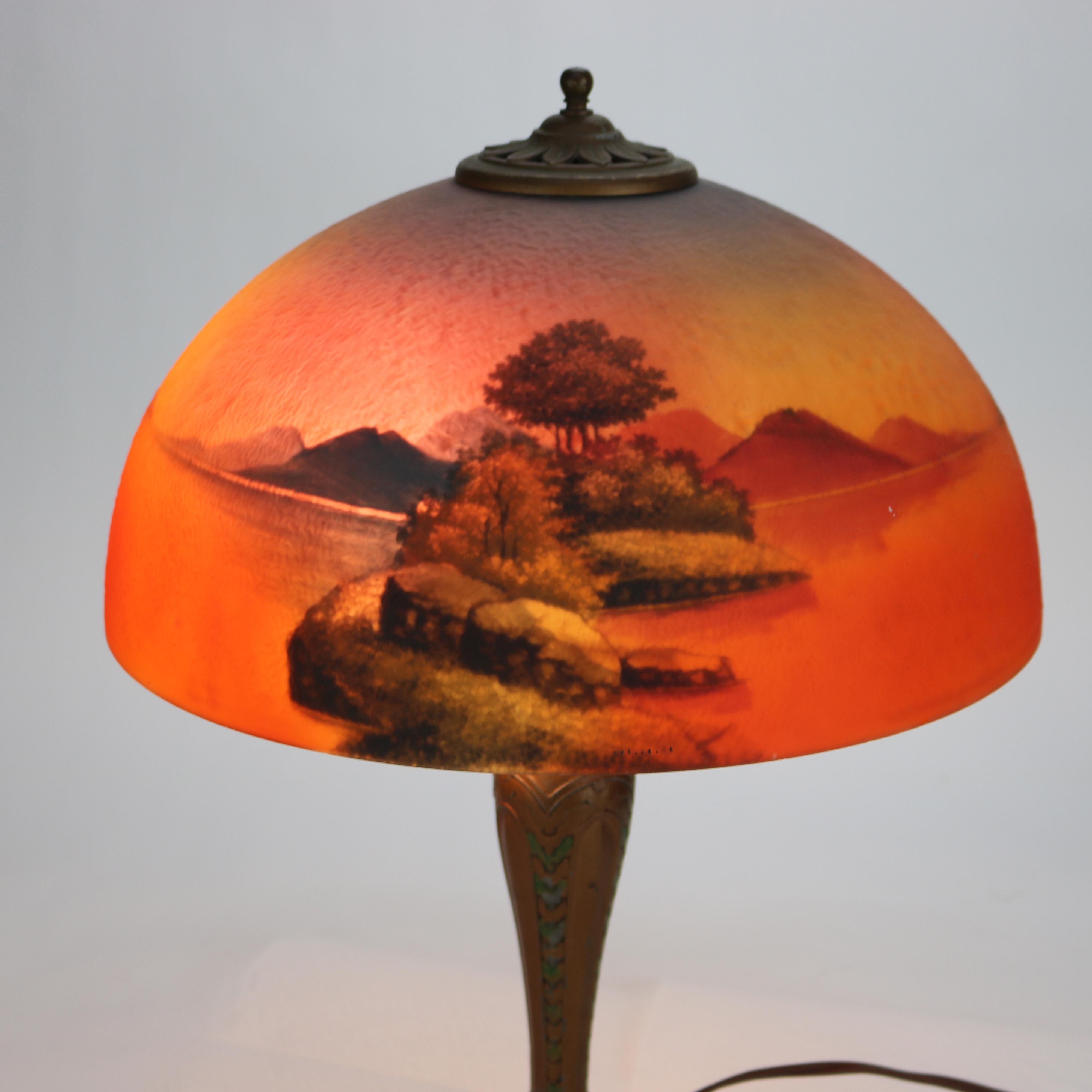 Arts & Crafts Phoenix School Reverse Painted Textured Glass Landscape Scene Lamp 3