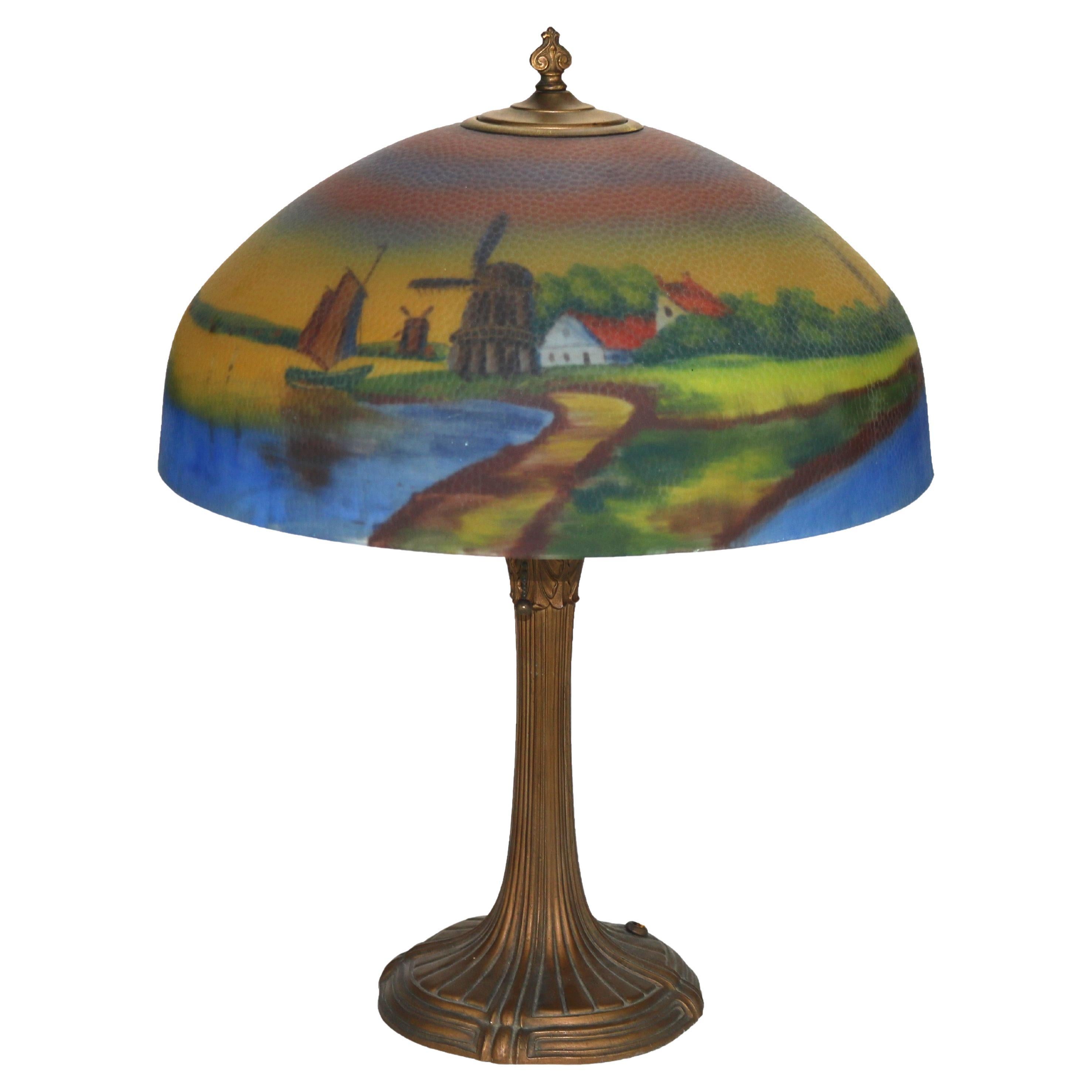 Lampada con scena di paesaggio in vetro dipinta al contrario della scuola di Phoenix, arte e artigianato
