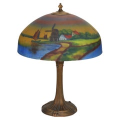 Antique Arts & Crafts Phoenix School Reverse Painted Textured Glass Landscape Scene Lamp