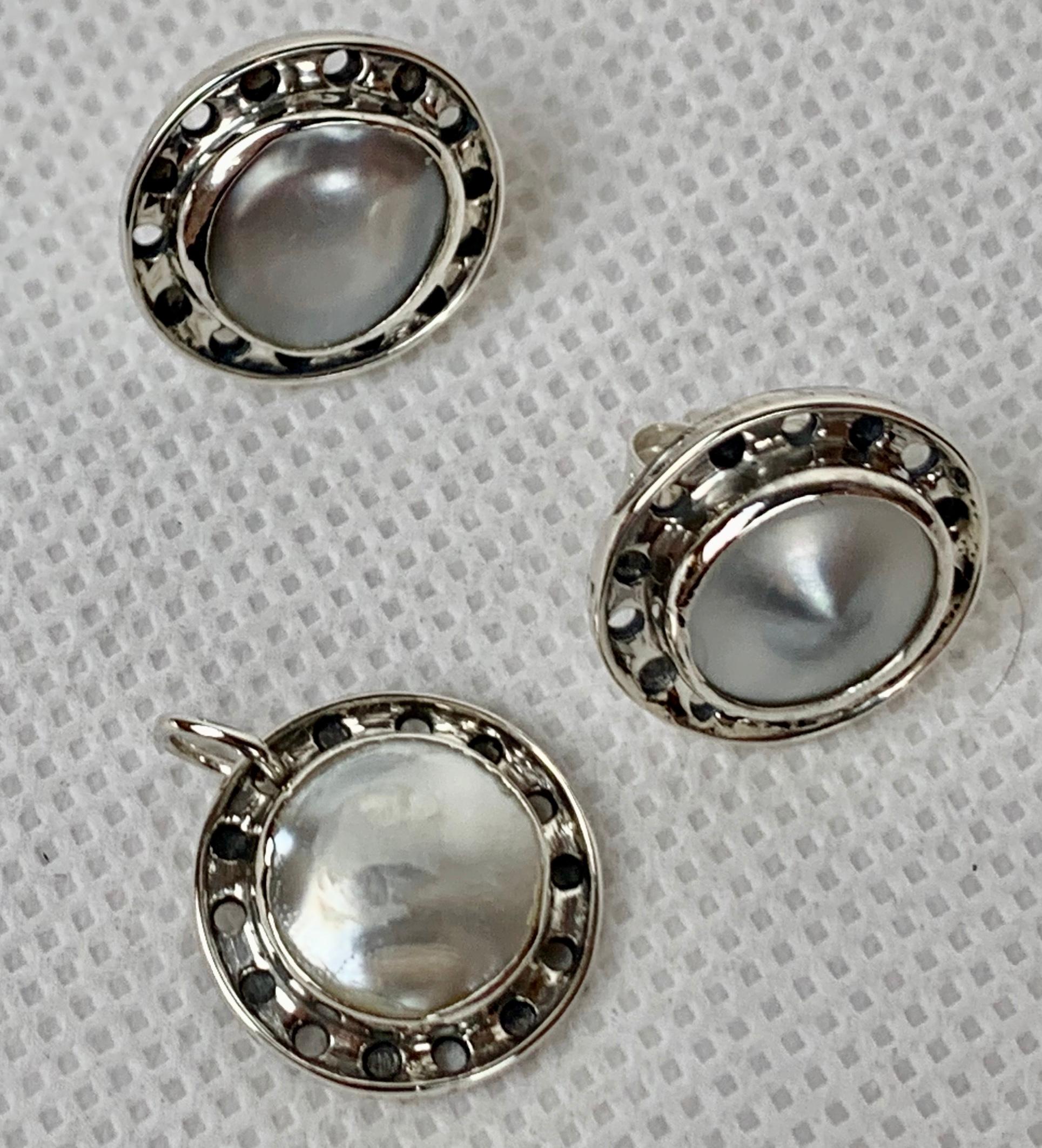 Arts and Crafts Pierced Earrings & Pendant Set, Mabé Pearl & Sterling-Arts & Crafts Period For Sale