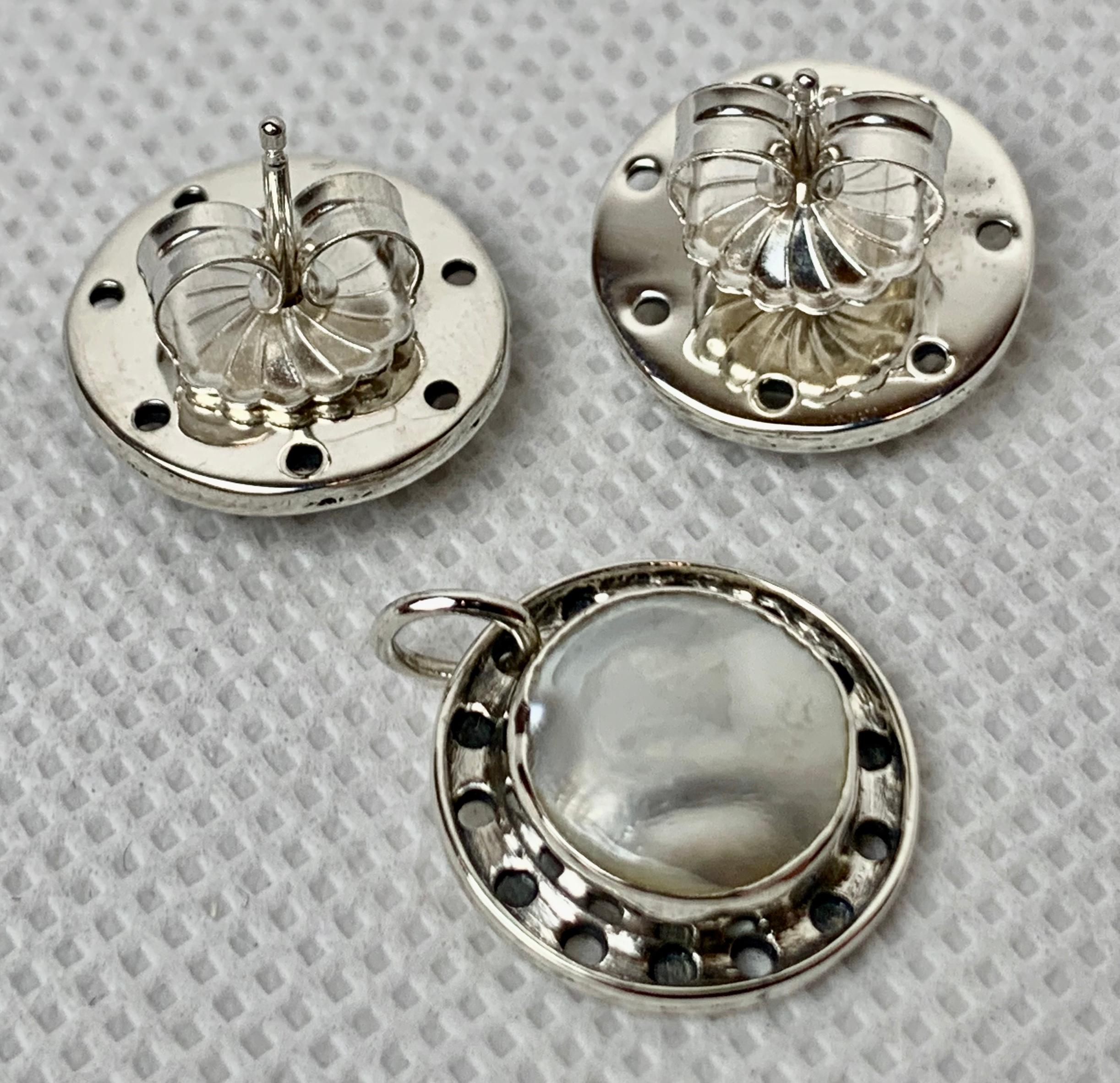 Round Cut Pierced Earrings & Pendant Set, Mabé Pearl & Sterling-Arts & Crafts Period For Sale