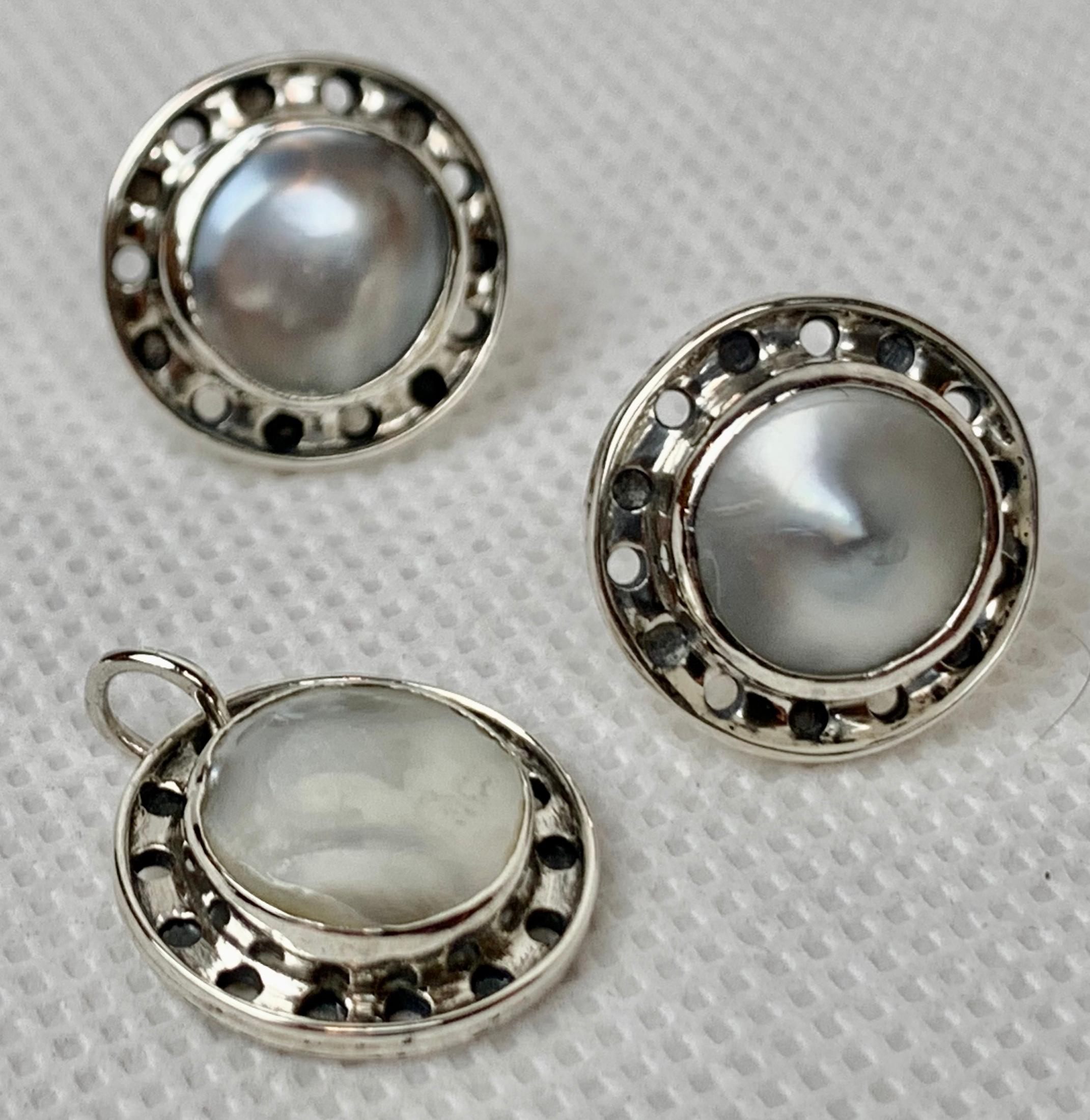 Women's Pierced Earrings & Pendant Set, Mabé Pearl & Sterling-Arts & Crafts Period For Sale