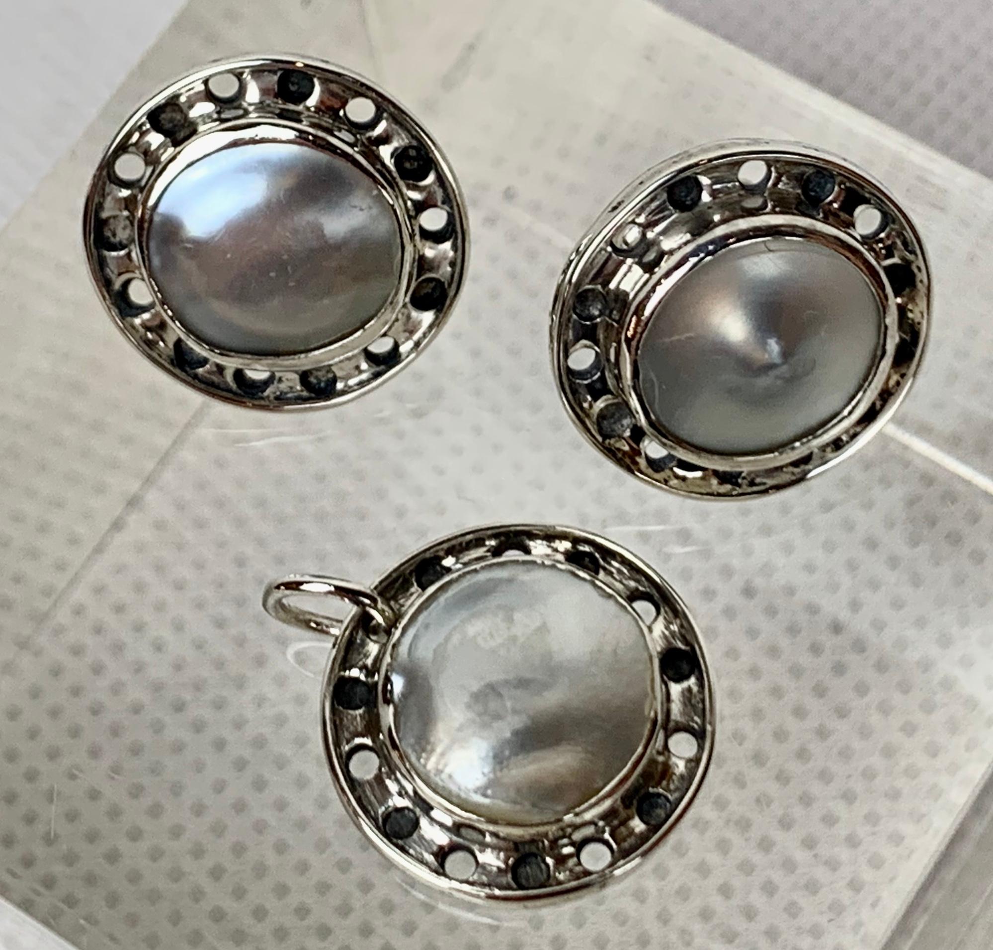 Pierced Earrings & Pendant Set, Mabé Pearl & Sterling-Arts & Crafts Period For Sale 1
