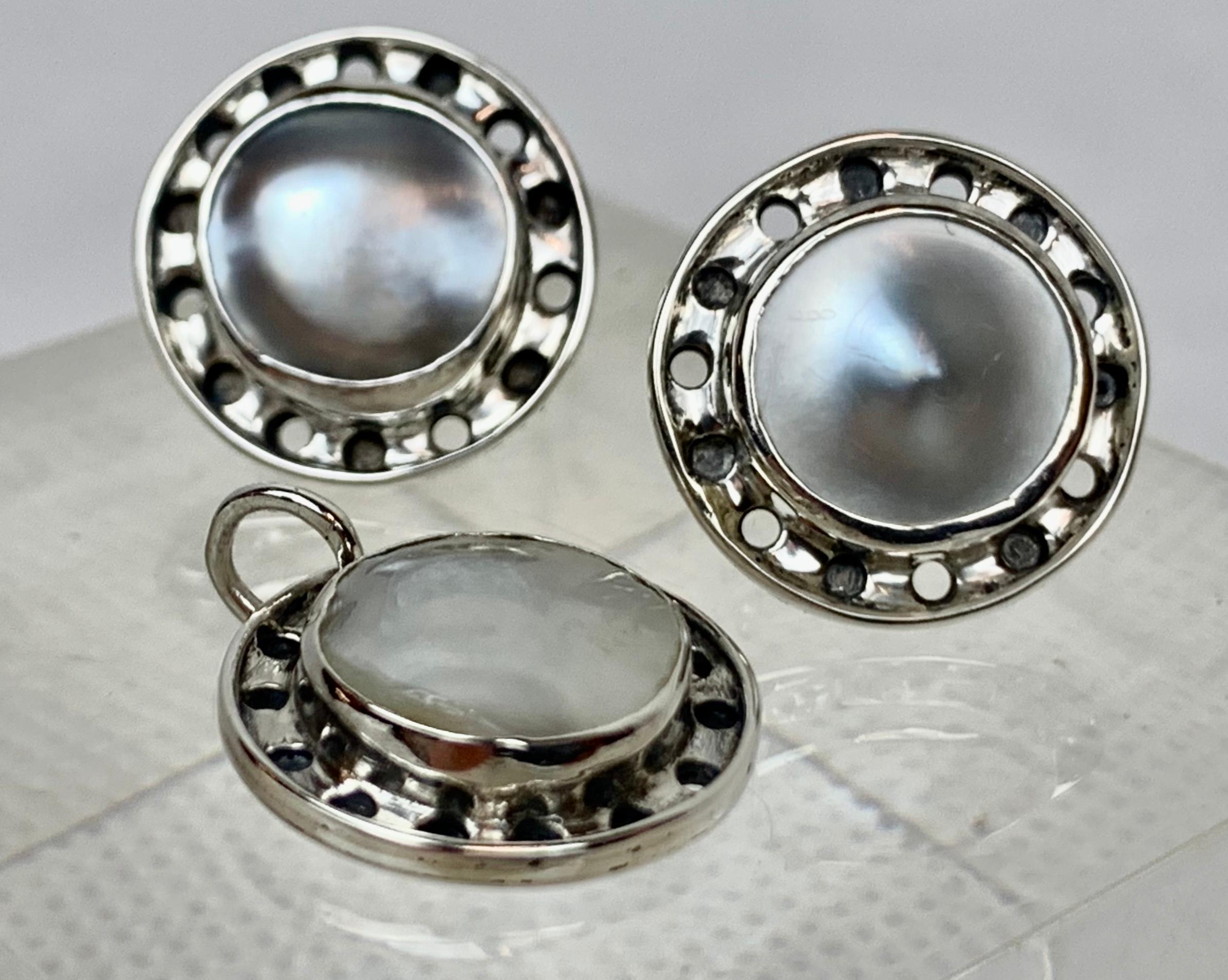 Pierced Earrings & Pendant Set, Mabé Pearl & Sterling-Arts & Crafts Period For Sale 2