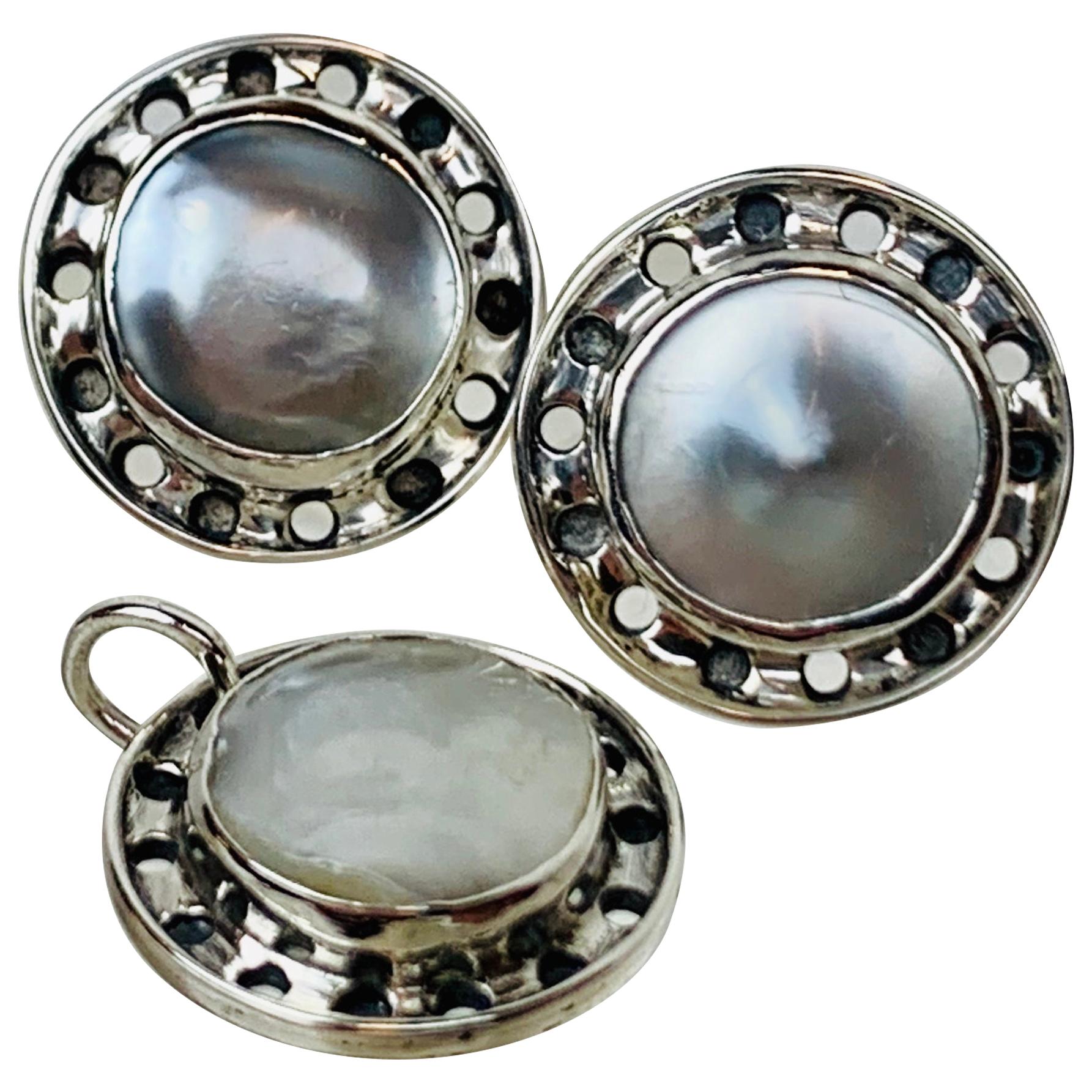 Pierced Earrings & Pendant Set, Mabé Pearl & Sterling-Arts & Crafts Period For Sale