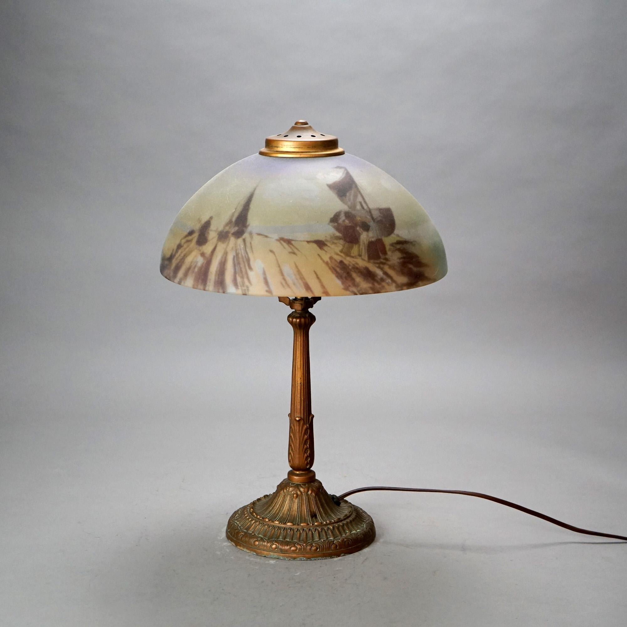 American Arts & Crafts Pittsburg School Reverse Painted Landscape Table Lamp 20thC