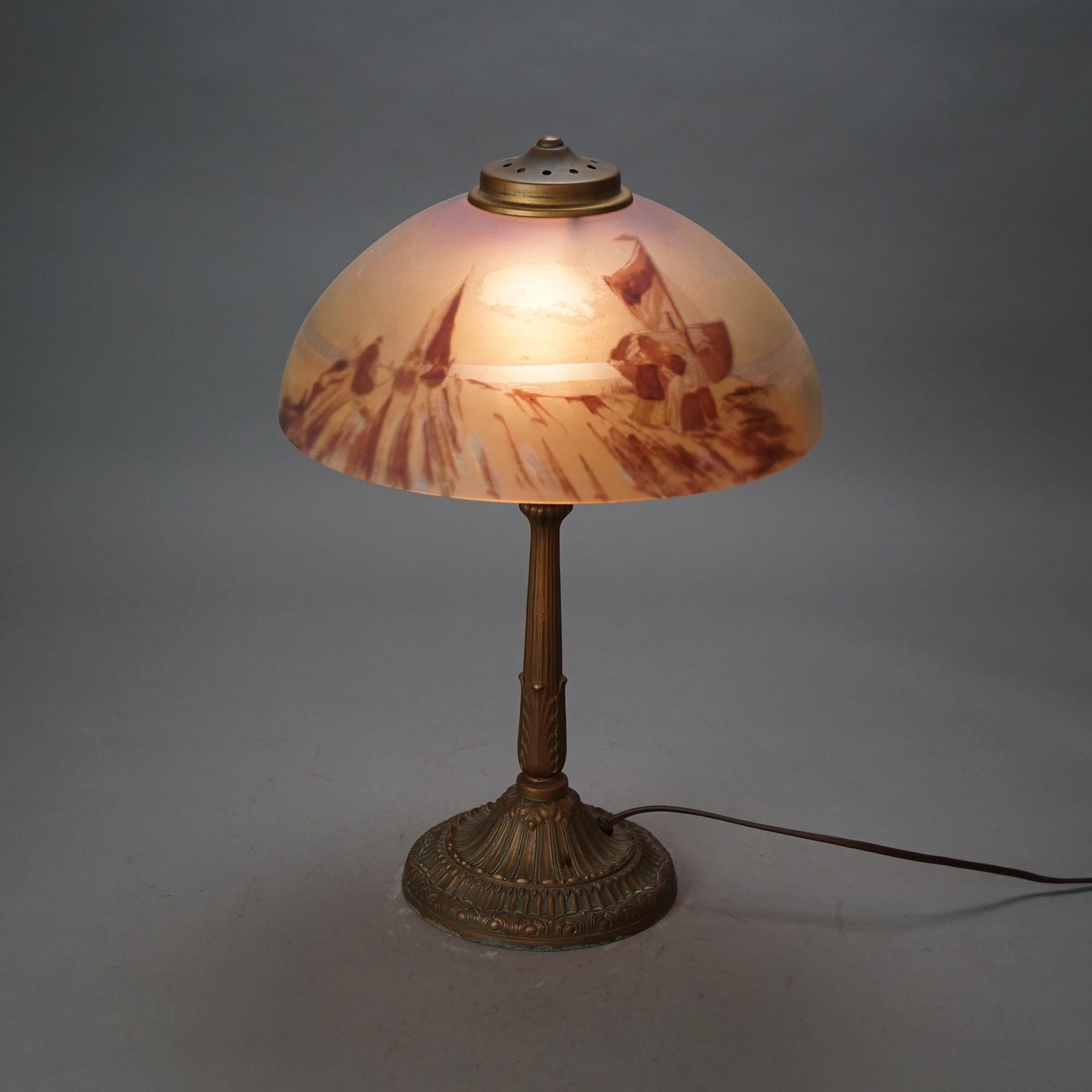 Hand-Painted Arts & Crafts Pittsburg School Reverse Painted Landscape Table Lamp 20thC