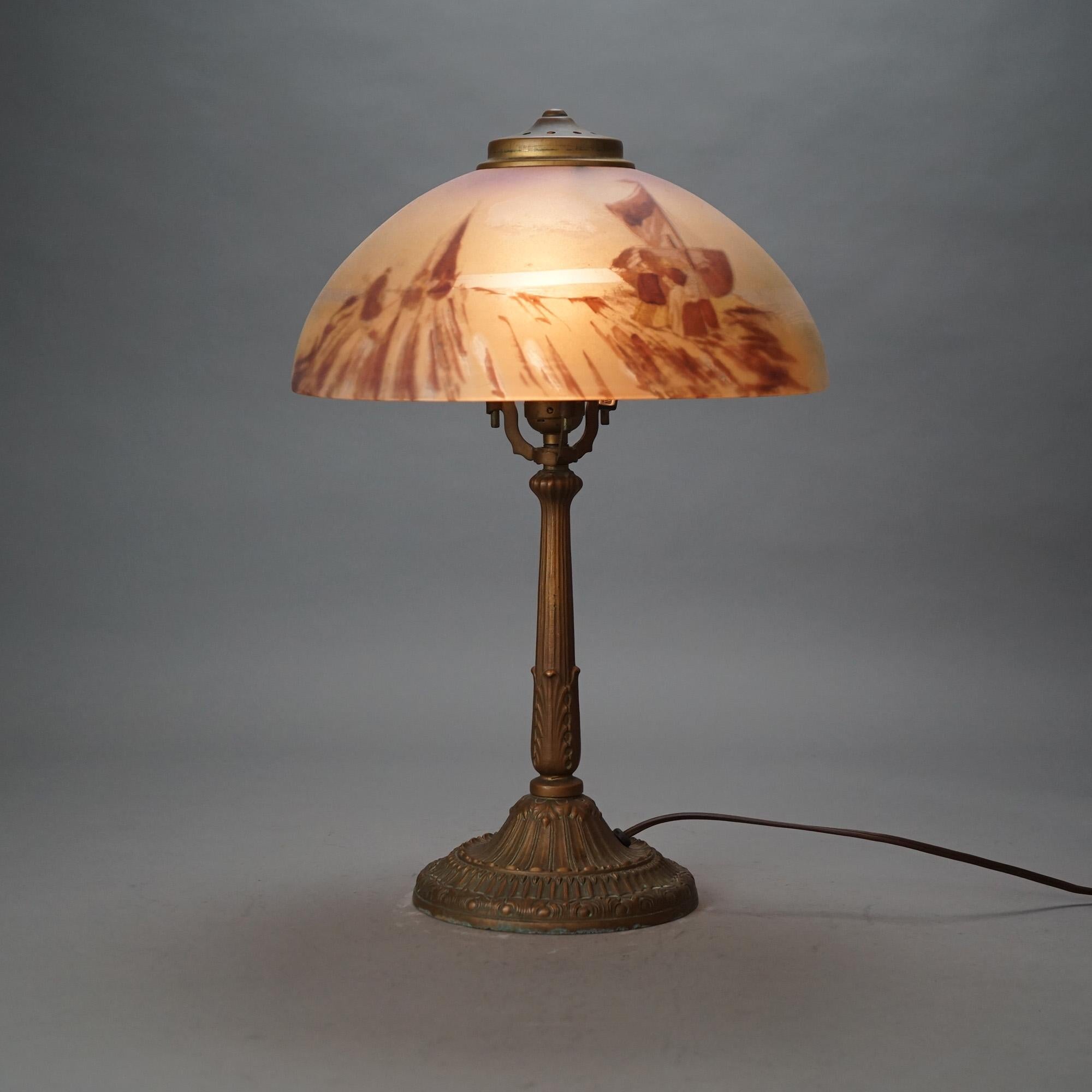 20th Century Arts & Crafts Pittsburg School Reverse Painted Landscape Table Lamp 20thC