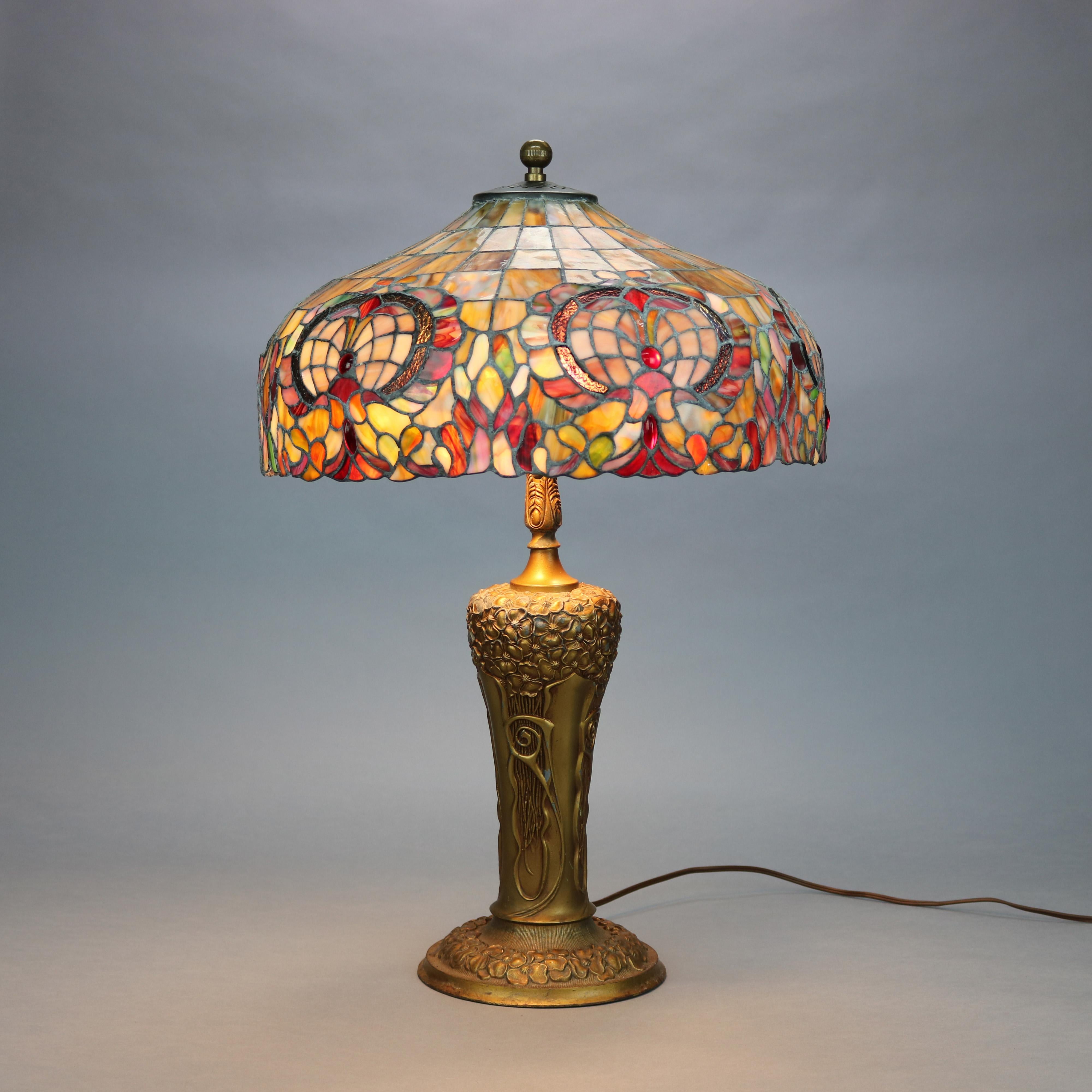 Arts & Crafts Pittsburgh Lamp Base with Mosaic Leaded Glass Shade, c 1910 1