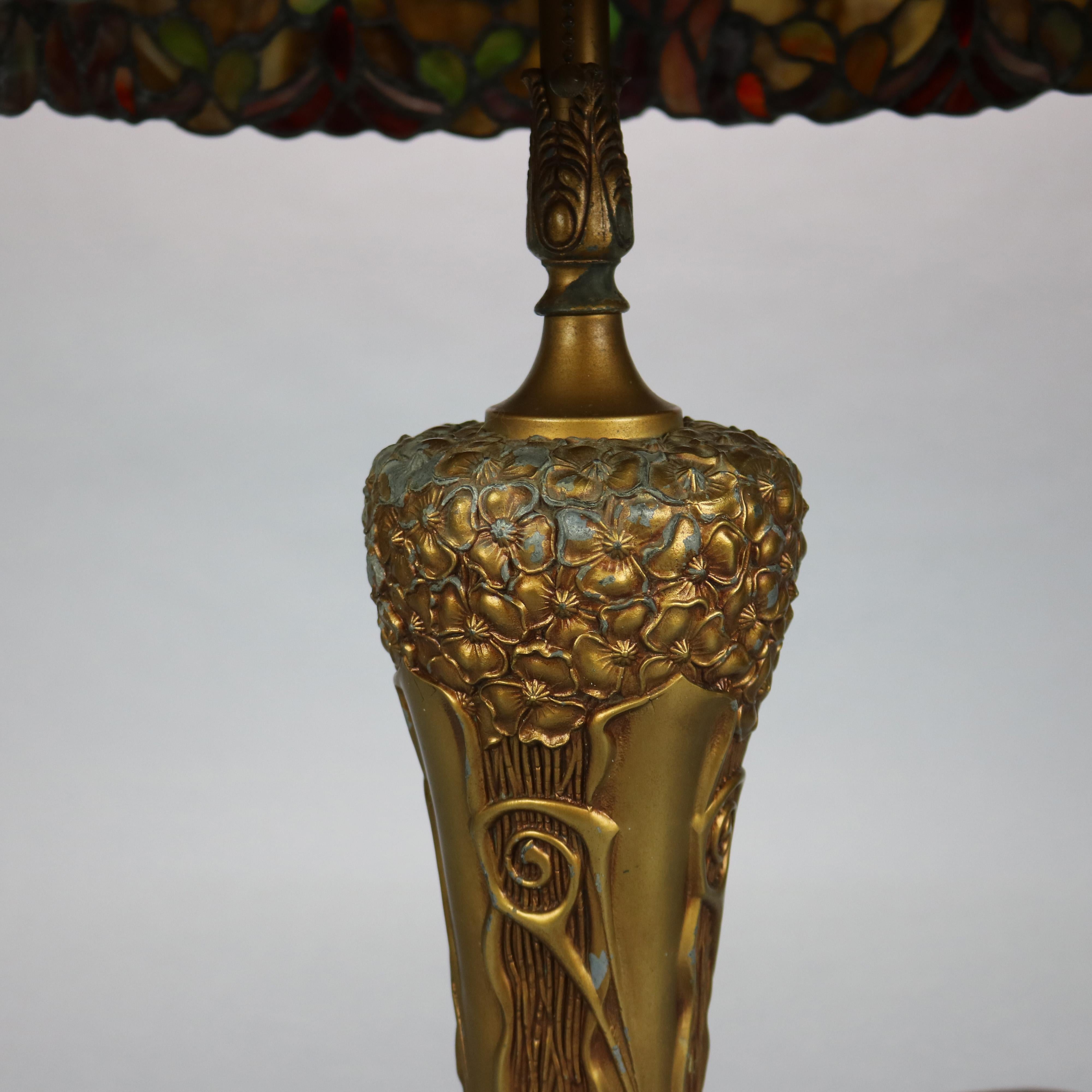 Cast Arts & Crafts Pittsburgh Lamp Base with Mosaic Leaded Glass Shade, c 1910