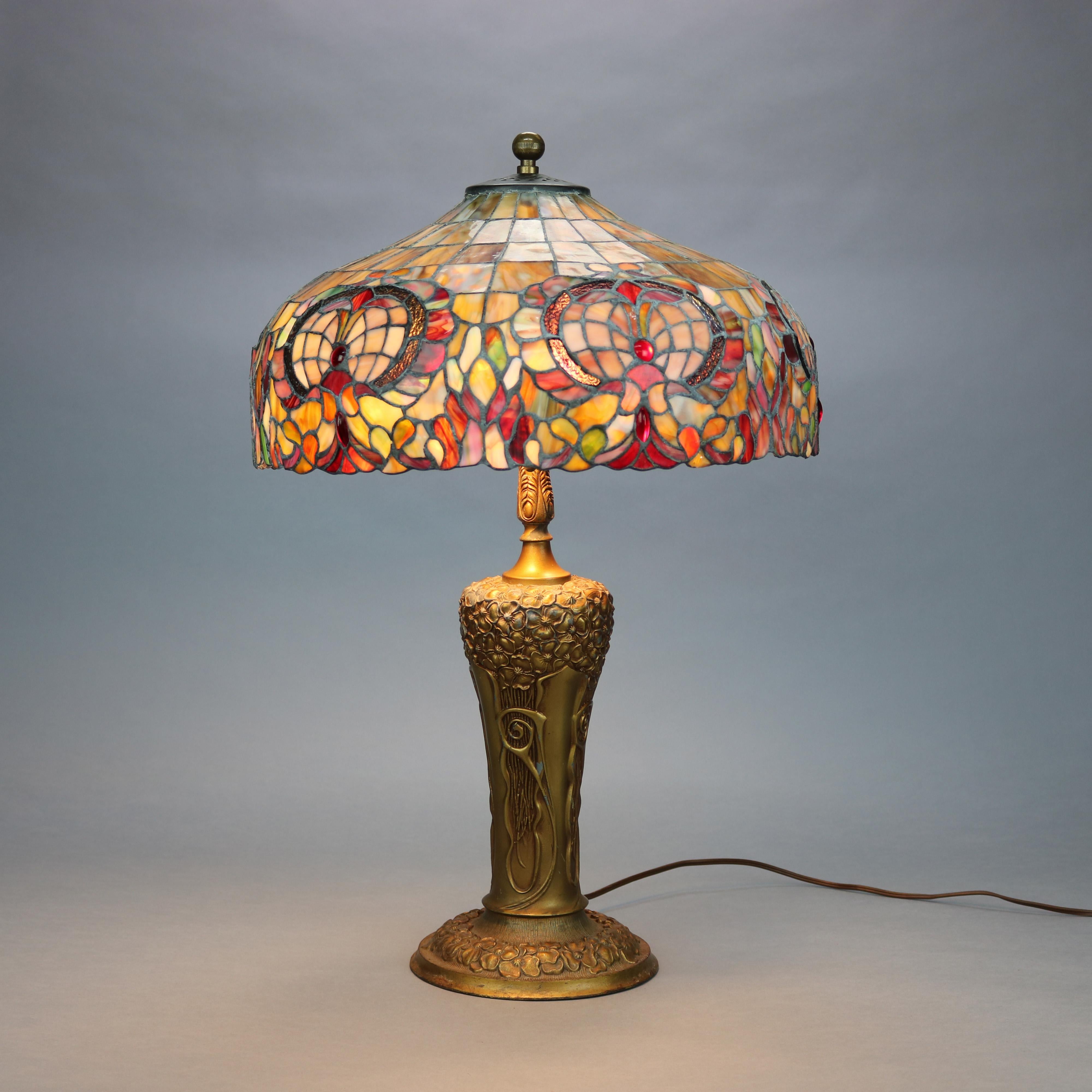 Metal Arts & Crafts Pittsburgh Lamp Base with Mosaic Leaded Glass Shade, c 1910
