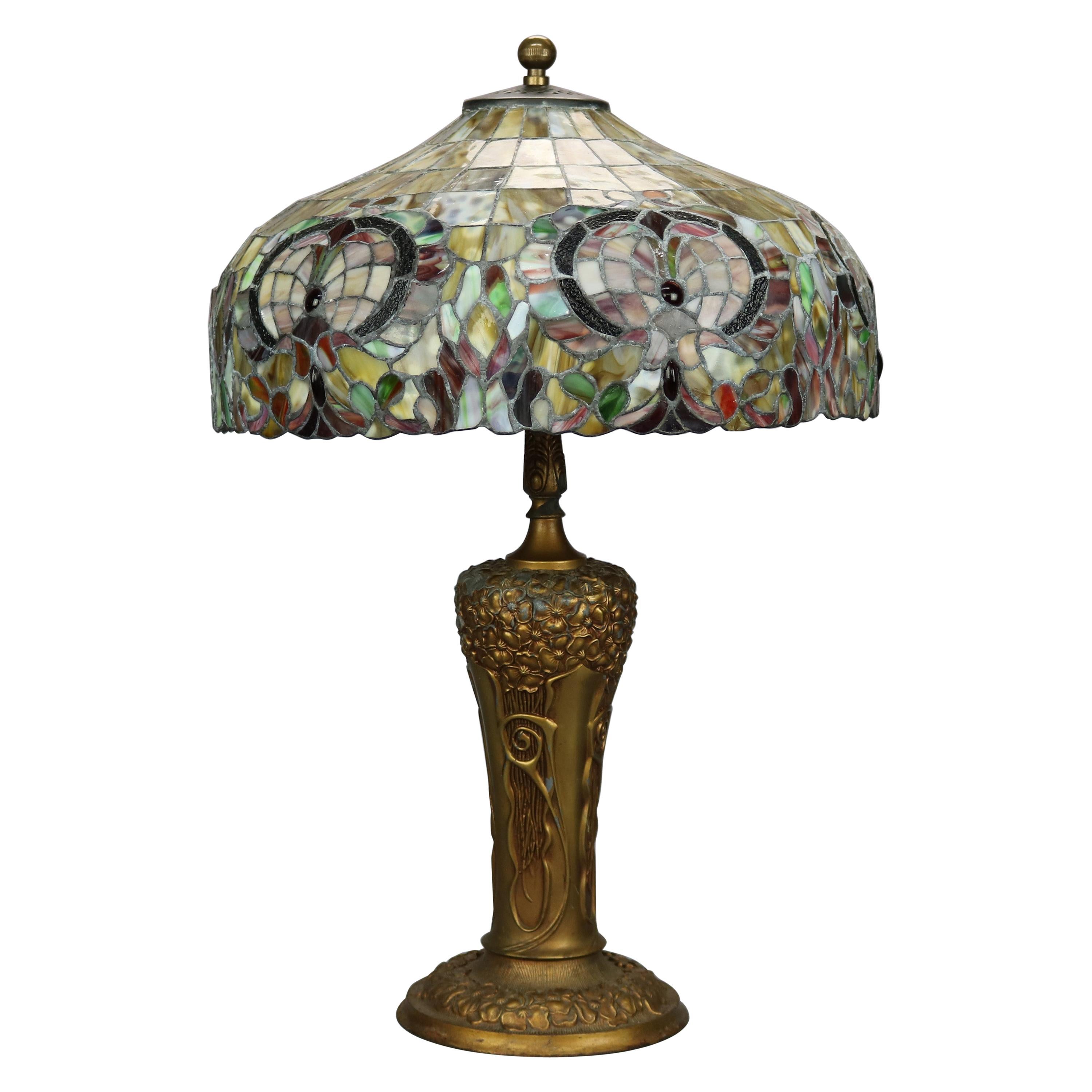 Arts & Crafts Pittsburgh Lamp Base with Mosaic Leaded Glass Shade, c 1910